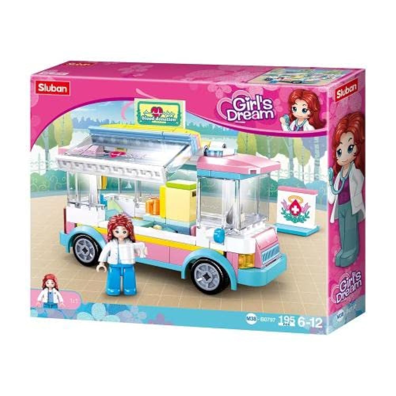 Assembled Sluban Blood Donation Play Set truck with a female play figure standing next to it, showing the front and side of the vehicle.