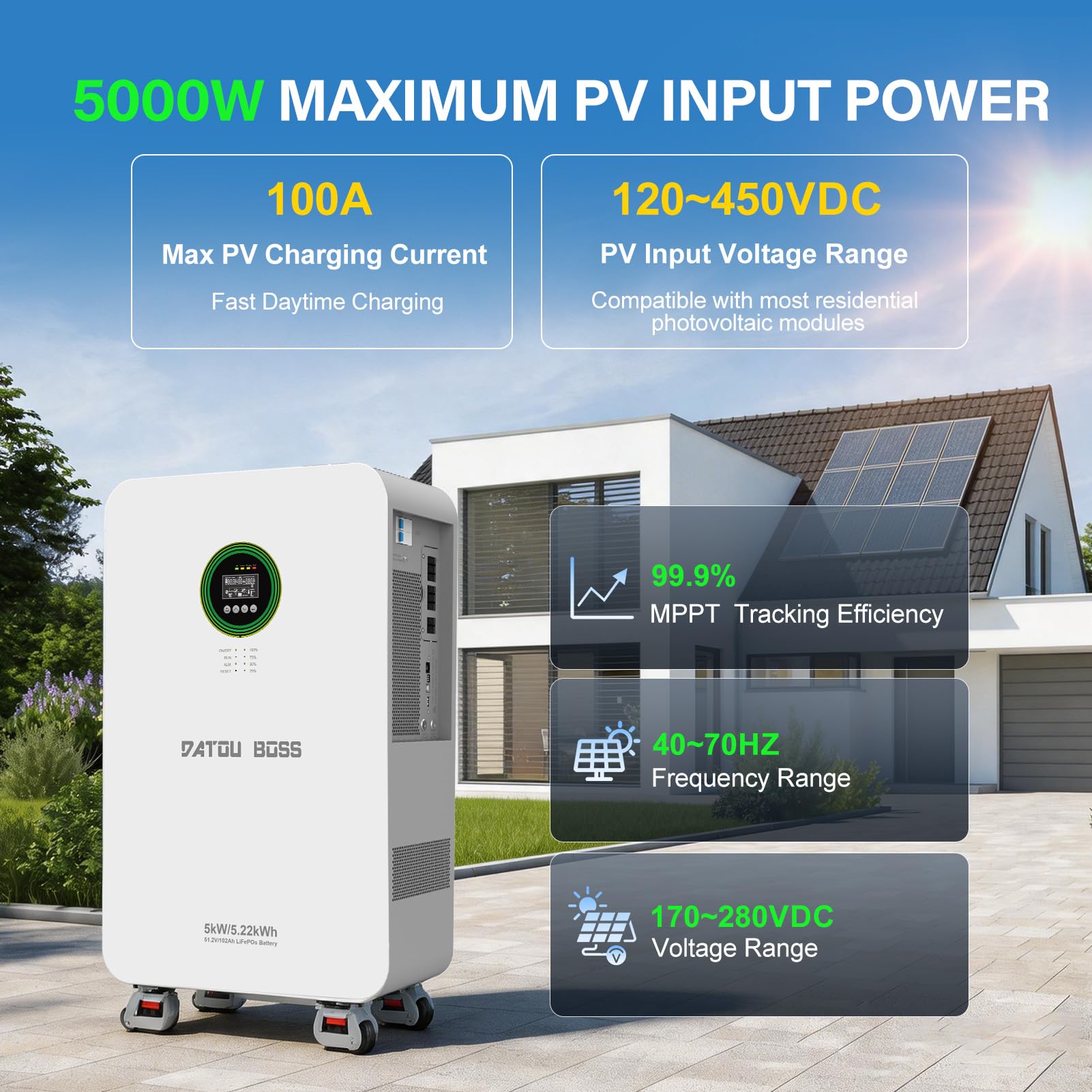 DATOUBOSS Batterie Lithium LiFePO4 Tout-en-Un 48V 102Ah 5,22kWh avec Onduleur Hybride 5000W 48V, Livré avec Module WiFi, 6000+ Cycles, Système de Stockage d’Énergie Solaire à Domicile Plug & Play