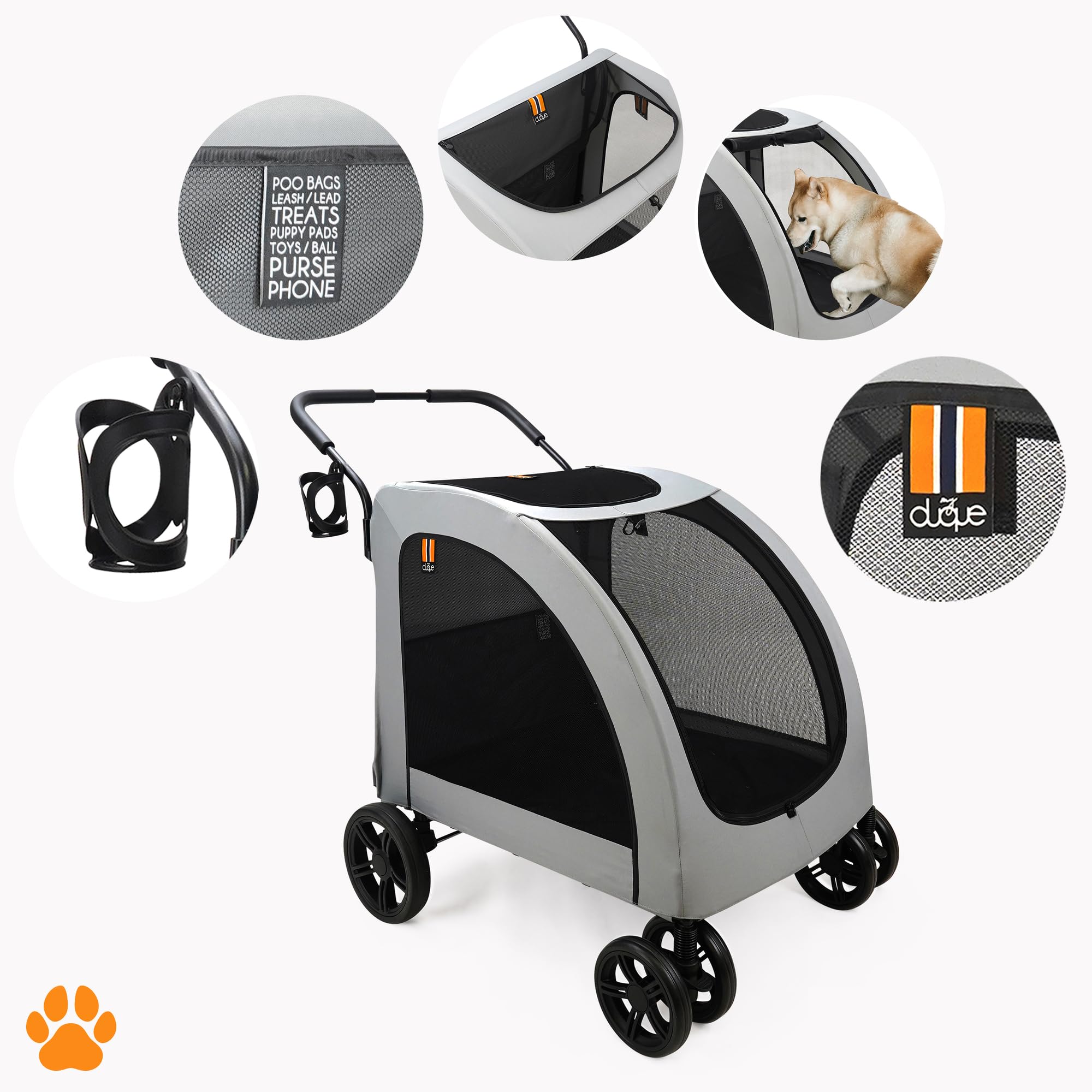 Carro para perros Chester - Carrito de paseo para perros grandes, carrito de paseo para gatos, plegable, incl. protector de lluvia, portabebidas, carga máx. 50 kg, color gris