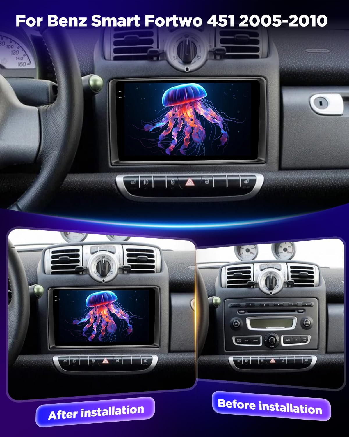 NHOPEEW 4+128G Autoradio per Benz Smart Fortwo 451 2005-2010 con Wireless Carplay e Android Auto - Schermo incell da 9 pollici Supporto WiFi GPS Comandi al volante + Telecamera di retromarcia