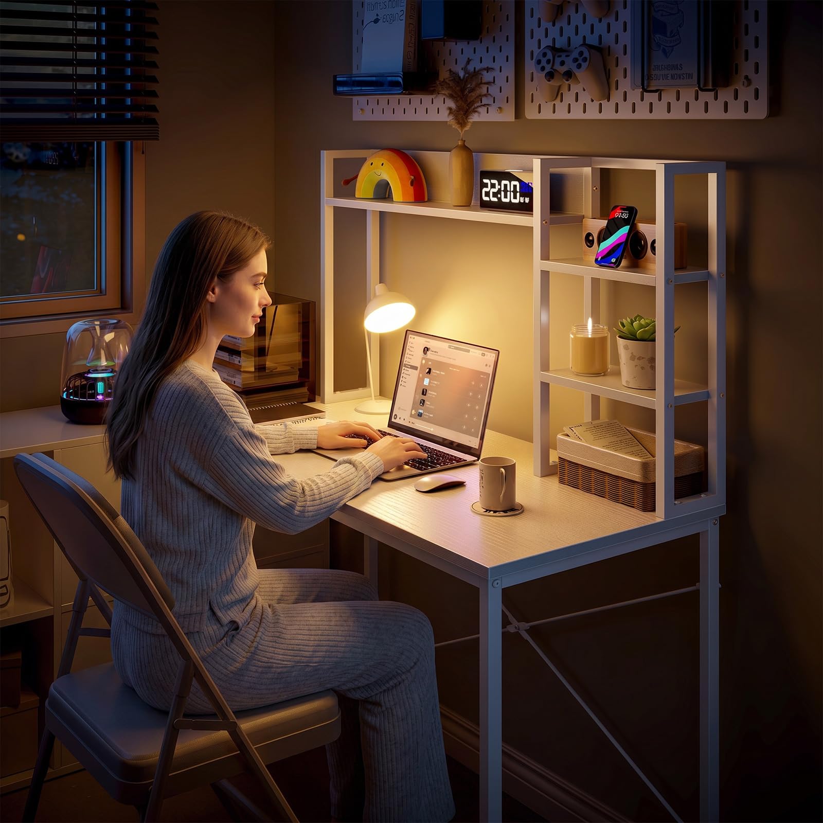Coleshome Escritorio con Estantería, 100x40, Blanco | Mesa Ordenador, Pequeño Escritorio con Estante Mesa Oficina para Oficina, Estudio y Dormitorio