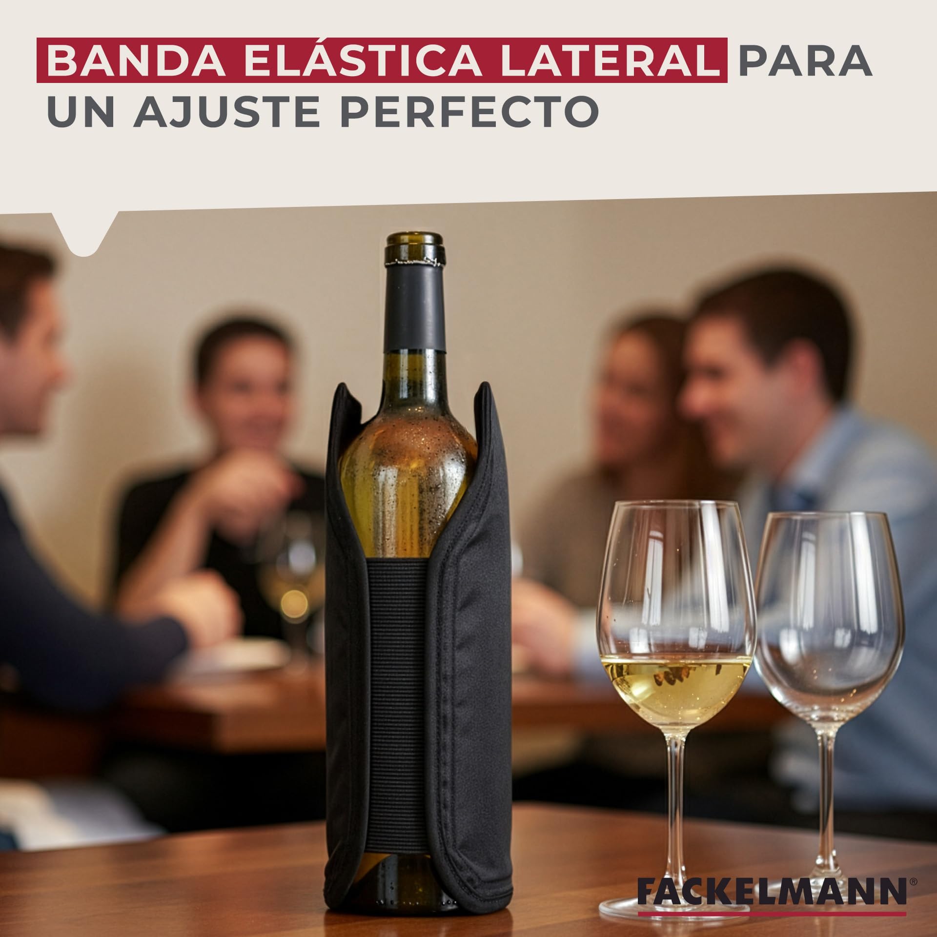 Fackelmann Funda Enfriadora para Botellas, Collar Enfriador para Botellas de Vino y Cava, Nylon Elástico con Ajuste Universal y Relleno de Gel Enfriador, Apta para Congelador, 22x16 cm, Negro, 1 ud.