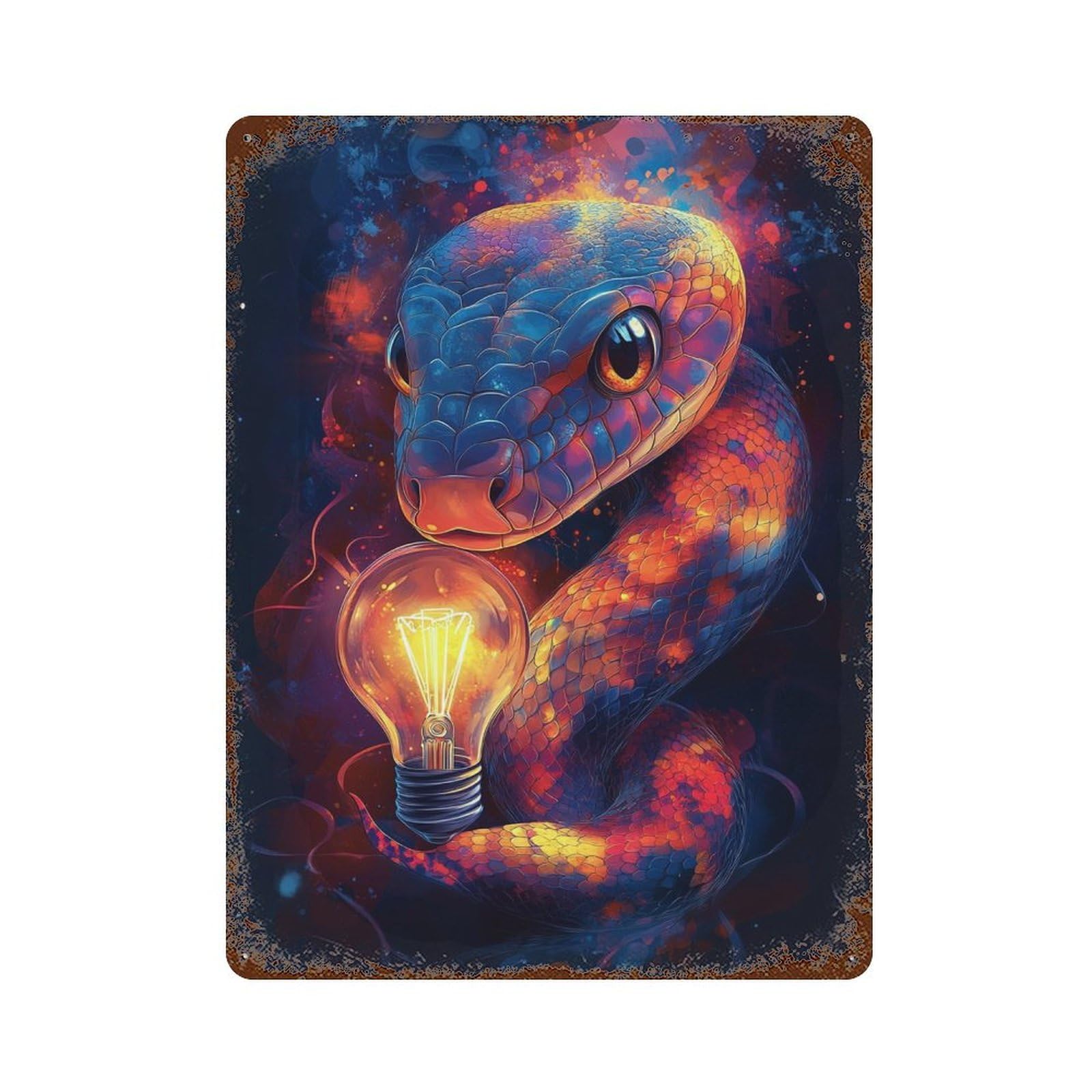 Rust Effect Snakes Light Bulb Artwork Retro Metal Sign 15.7"x11.8", Novelty Wall Decor for Bistro, Counter And Cafe Decor