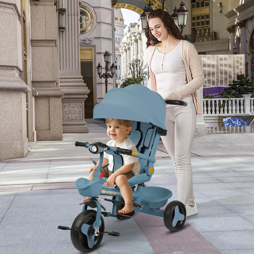 4-in-1 Kinderdreirad mit Schubstange & Lenksteuerung, Blau | Baby Fahrrad ab 1 Jahr, Sicherheitsbügel, Fußstütze & Korb, Faltbare Markise