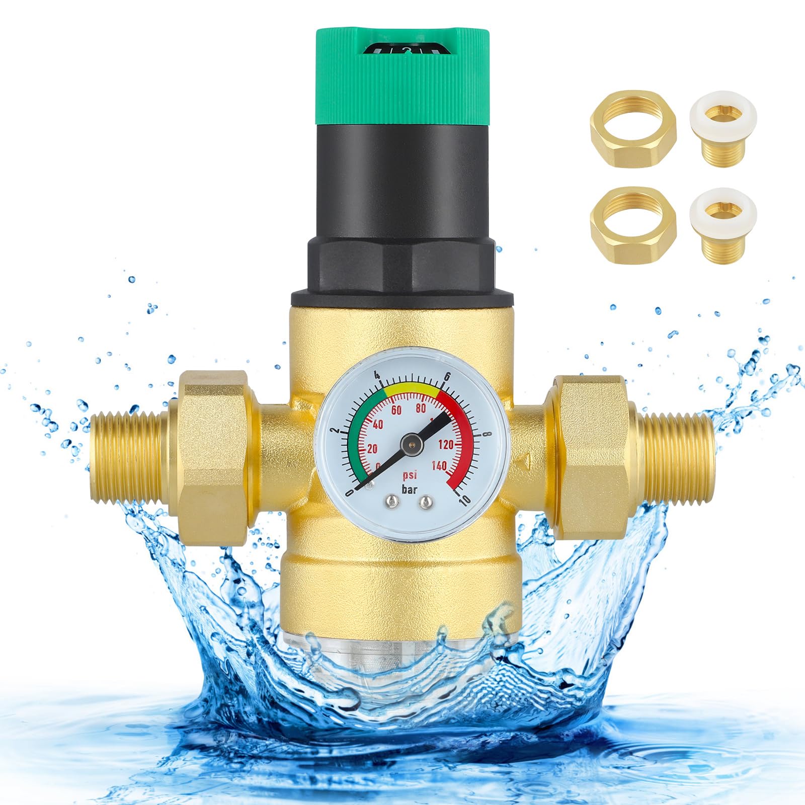 Regulador de presión de agua de 3/4 pulgadas, regulador de presión para agua potable con manómetro y filtro de tamiz, válvula de alivio de presión de agua ajustable para regular la presión