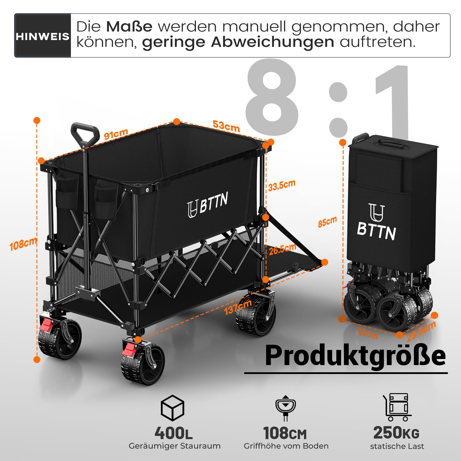 BTTN 400L Doppeldecker Bollerwagen Faltbar, Bremsen & Heckklappe, Schwarz | 250kg Traglast, 18×10cm All-Terrain-Räder, Ergonomiegriff, faltbarer Handwagen für Garten, Camping, Einkaufen, Picknick & Co.