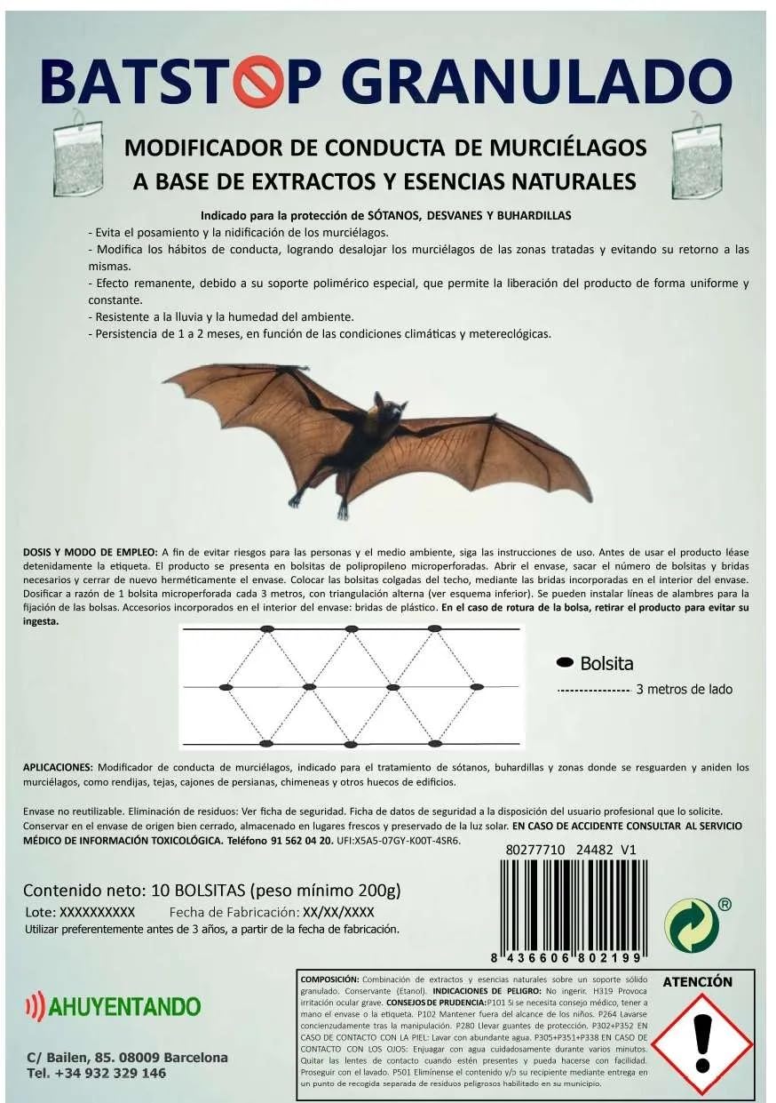 | Repelente de murciélagos | Ahuyentador de murciélagos Batstop | Producto orgánico | 10 bolsitas de olor |