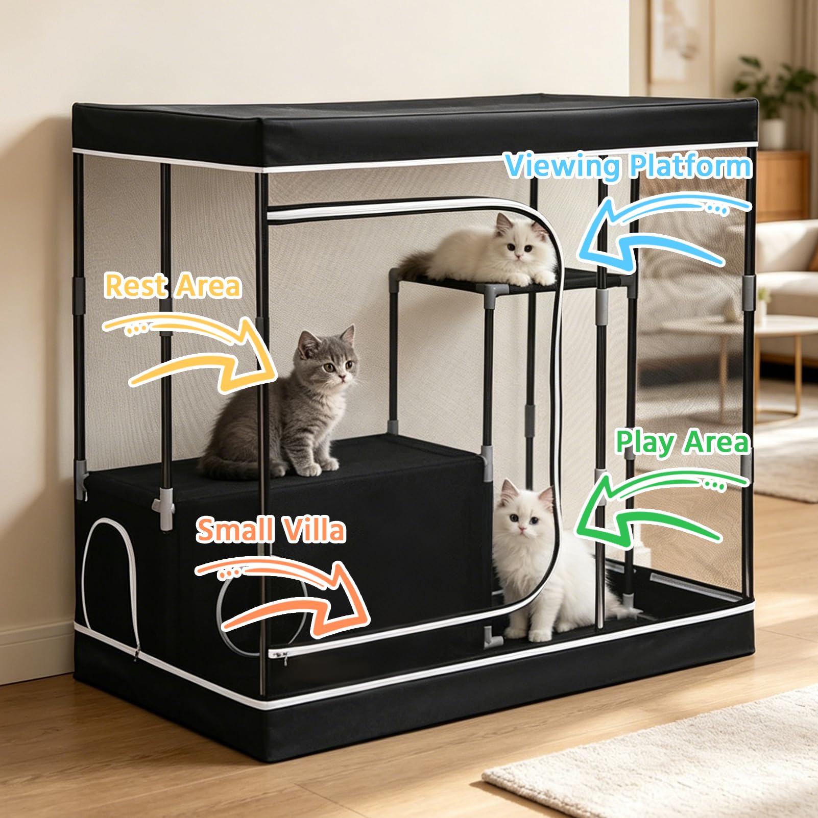 Sichtbares Katzenhaus, Atmungsaktives Katzenbett aus Oxford-Gewebe, Katzenauslauf für Erwachsene Katzen, Kätzchen, Kleintiere, 127 x 85 x 127 cm, für Innen, Außen, Reisen und Camping