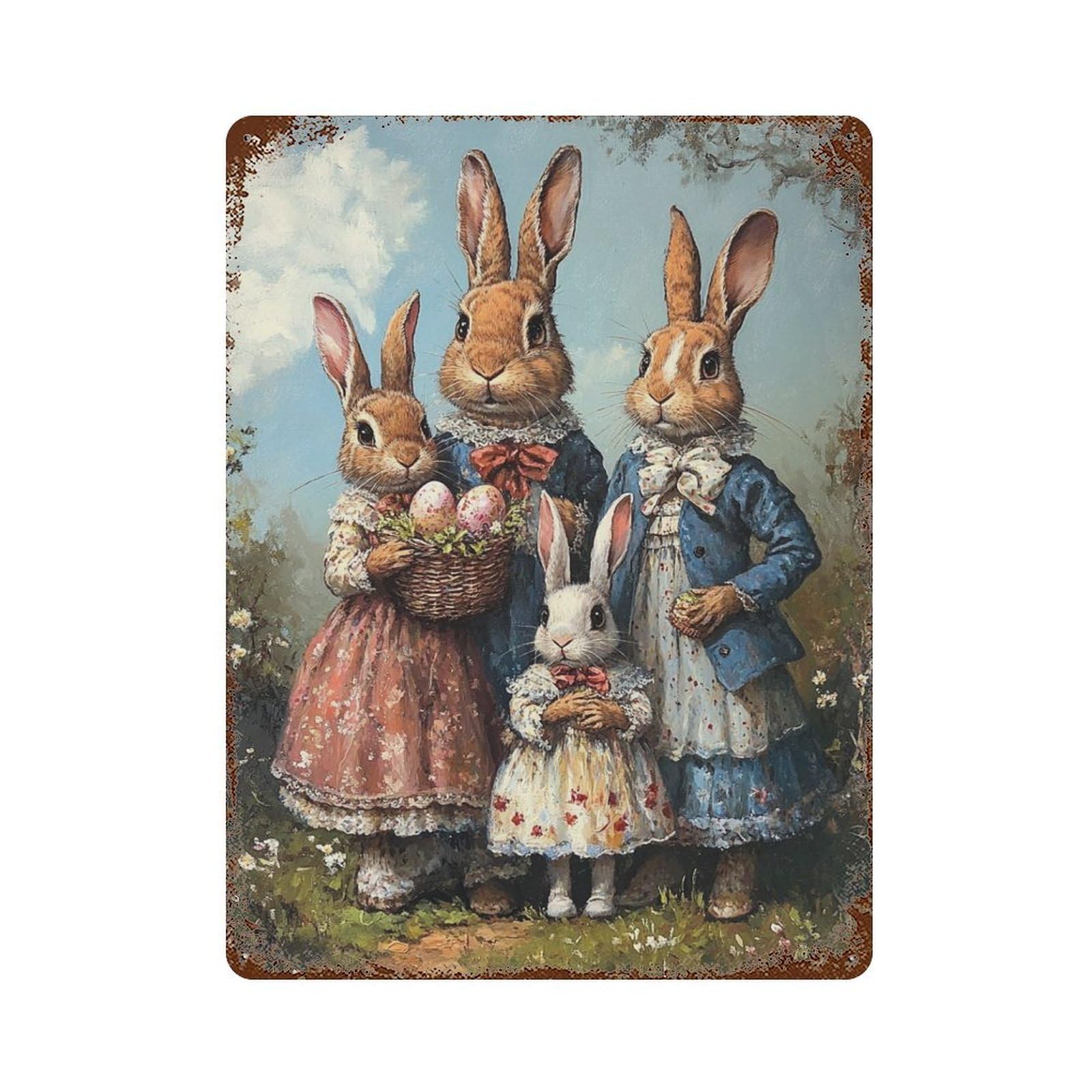 Easter Bunny Family Portrait Weathered Tin Sign 15.7"x11.8", Decorative Metal Wall Art for Garage, Bar And Workshop Decor