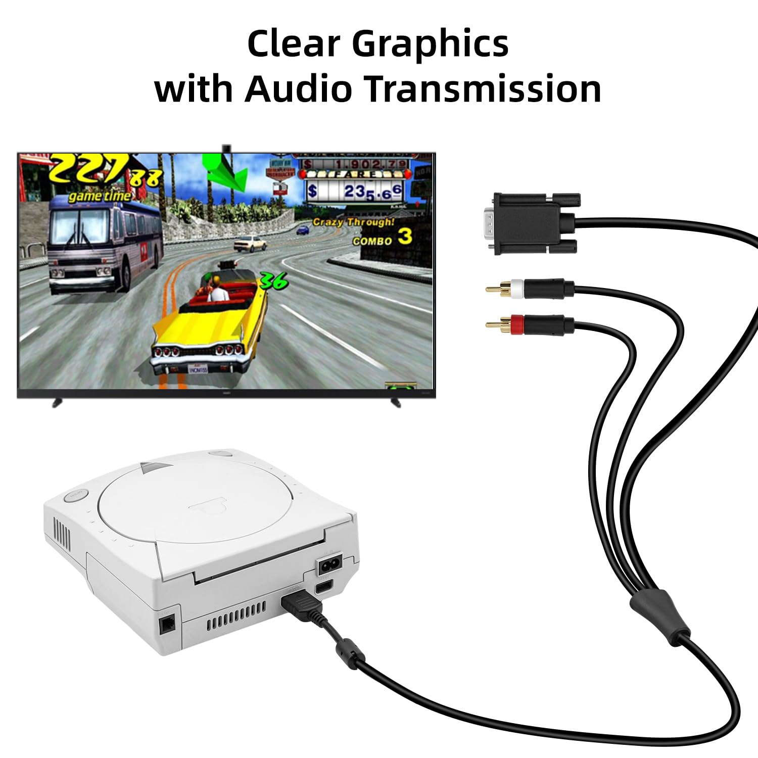 Gam3Gear VGA AV Audio Video Cable con RCA para Sega Dreamcast
