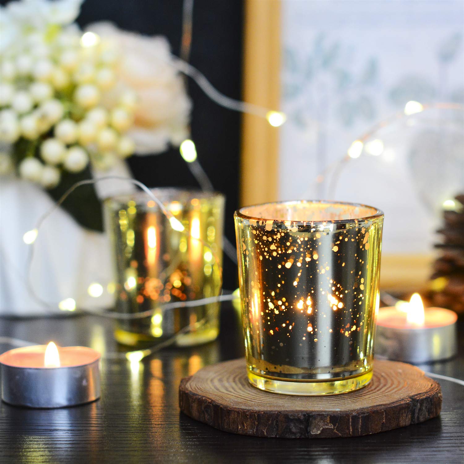 Set di 48 bicchieri da tè in oro macchiato, portacandele in vetro, portacandele votive, ideali per matrimoni, feste, decorazioni per la casa