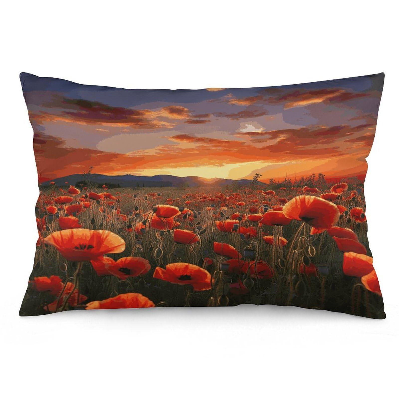 Red Poppy Flower Field in Sunset Throw Pillow Covers with Silent Zipper Polyester Pillow Protectors Removable Pillow Cases Soft Pillowcase Cozy Pillow Sham Cushion Cover for Sofa Car Bed 12 "x20