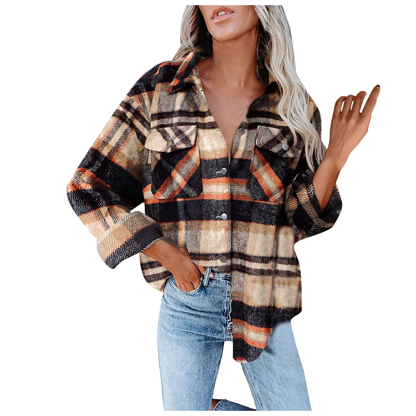 GenericFall Flannels for Women 2023 Plaid Shacket Jacket Casual Trench Coat with Pockets Womens Fall Fashion 2023