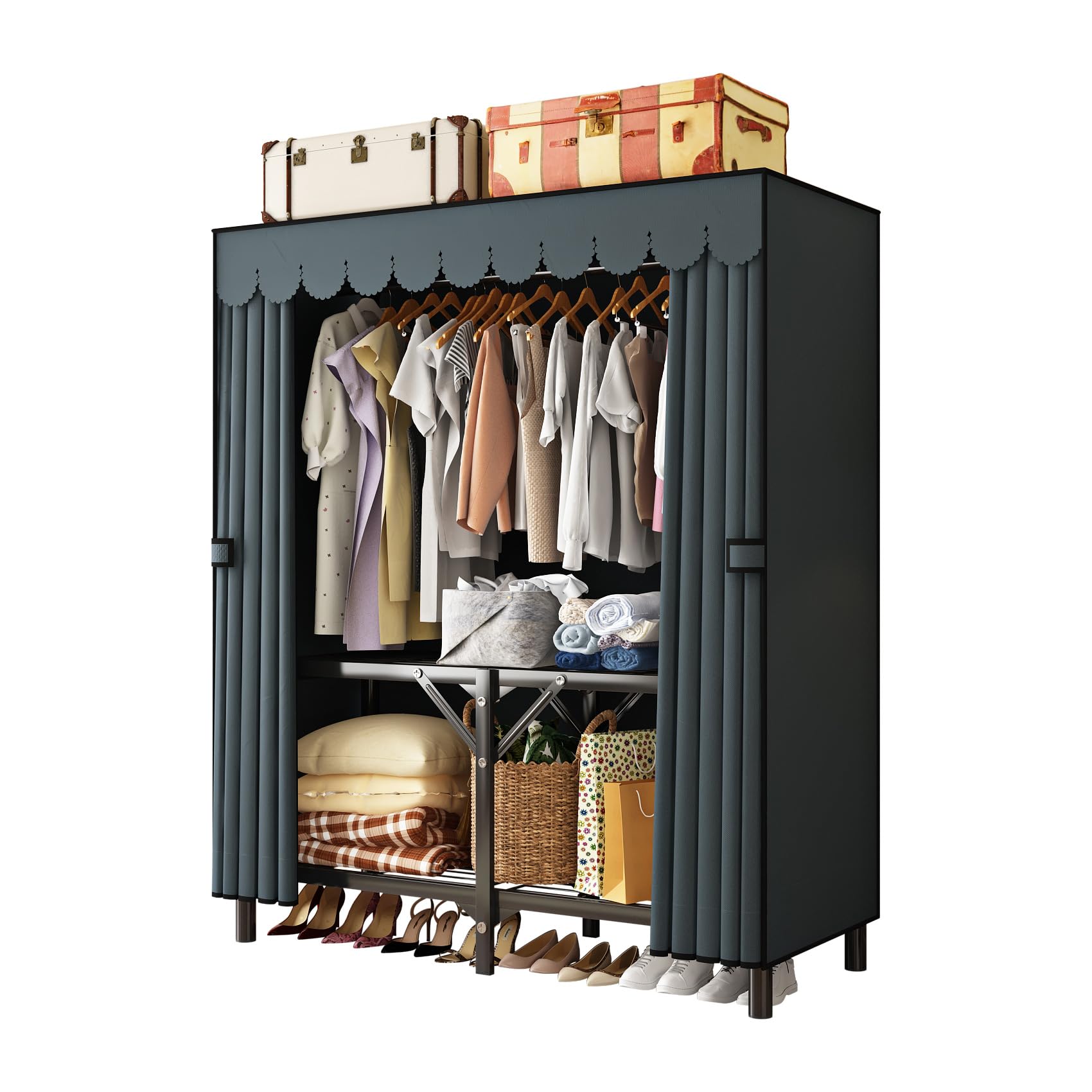 Foldable Clothes Hanger with Cover Portable Wardrobe, Metal Standing Armoire Wardrobe Clothes Rack with Gray Fabric Cover,One-Piece Folding Base,25MM Steel Tube for Bedroom