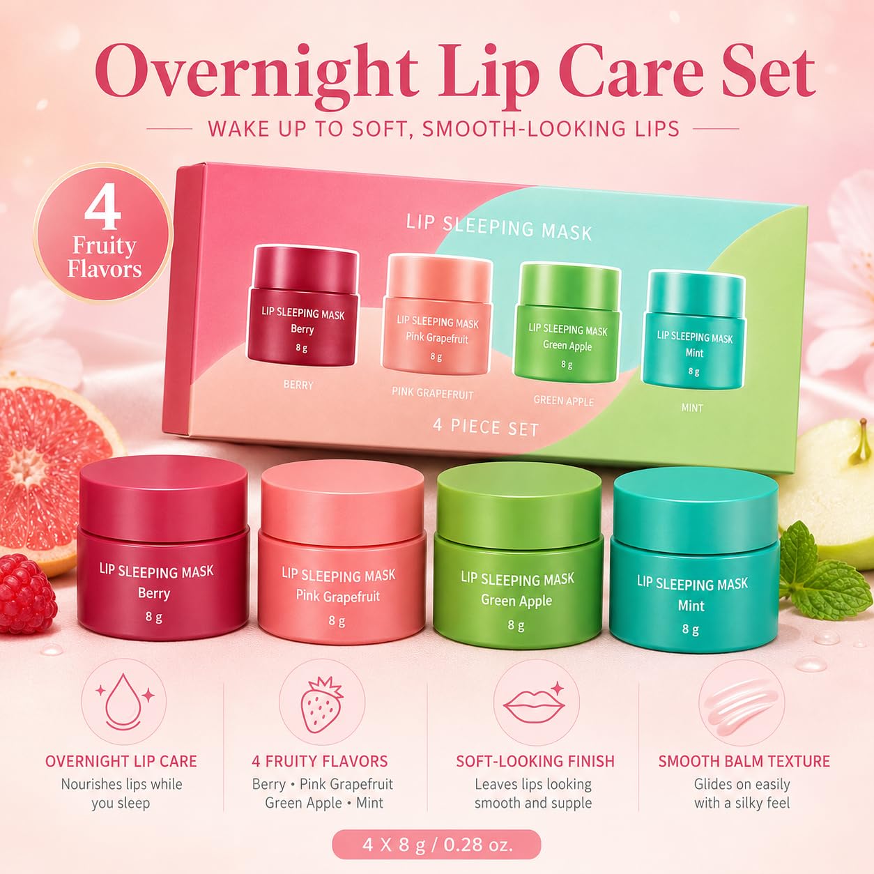 Lip Sleeping Mask Set, 8 g Each Fruity Scent Overnight Lip Care Balm | finish、glossy feel、daily lip care、overnight lip care、comfortable balm texture