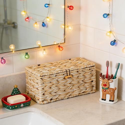 Miniatura 11 de Delamu Caja pequeña de gestión de cables hecha a mano de ratán, organizador de cables con 2 ranuras abiertas, caja ocultacables de escritorio para