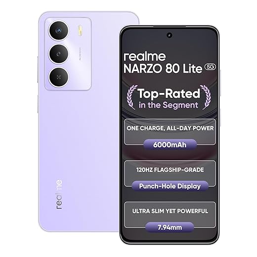 realme NARZO 80 Lite 5G (Crystal Purple, 6GB+128GB) | 6000mAh Long-Lasting Battery | MediaTek Dimensity 6300 5G | AI Assist | IP64 Rated Water & Dust Resistance | Military-Grade Durability