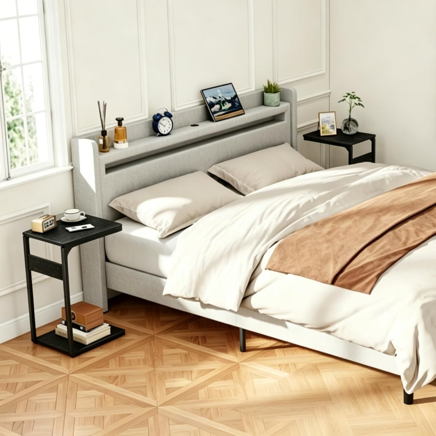 Small End Table, Narrow Nightstand, C Shaped Couch Side Table, Sofa TV Tray Table, Night Stand for Bedroom, Bedside, Living Room ET-YB-Bk1