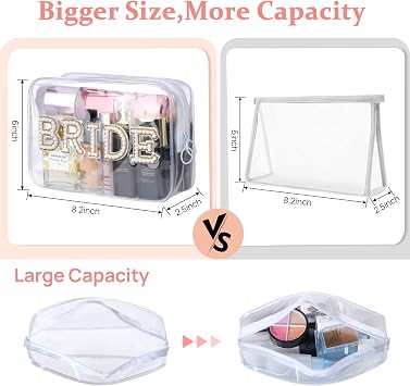 Bride Clear Cosmetic Bag, Etercycle Bachelorette Gifts for Bride Makeup Bag, Portable PVC Travel Toiletry Bag Bling Pearl Rhinestone Patch Letter Bags for Women Wedding Bachelorette Party (Gold)