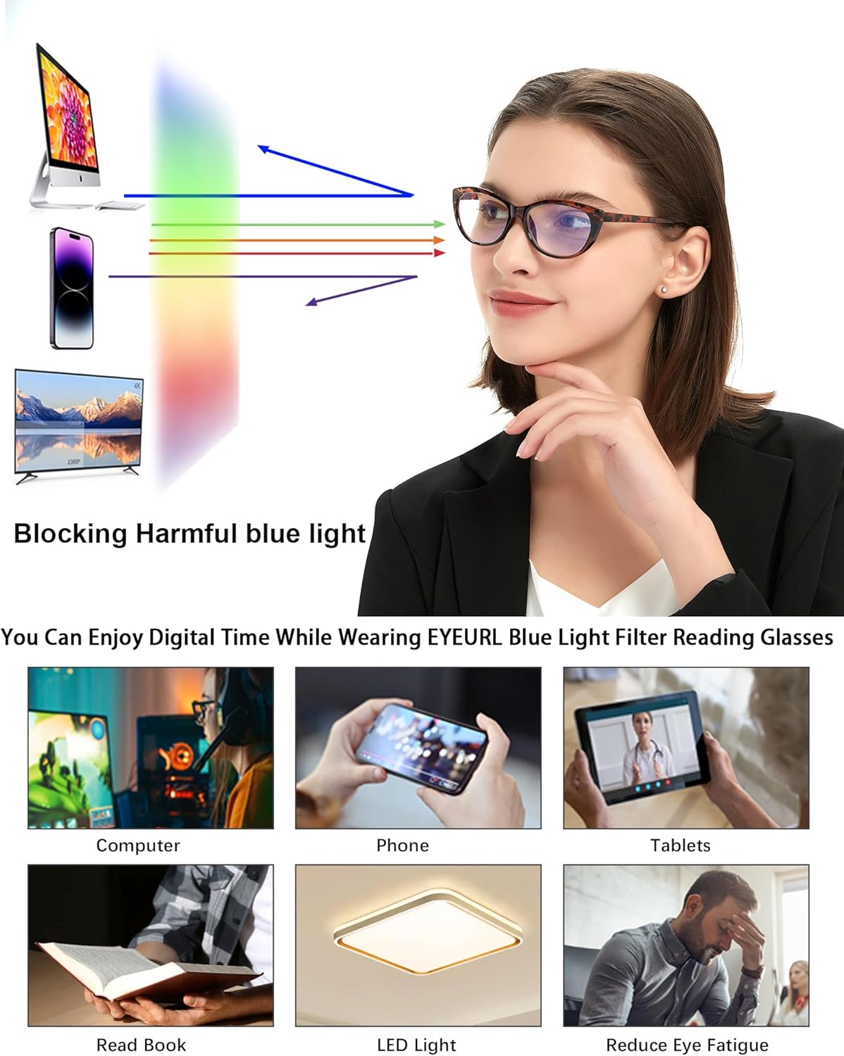 EYEURL 4 Pack Cat Eye Reading Glasses for Women, Blue Light Blocking Readers Lightweight Spring Hinge Anti Eyestrain UV Fashion Eyeglasses +1.50 - Image 5