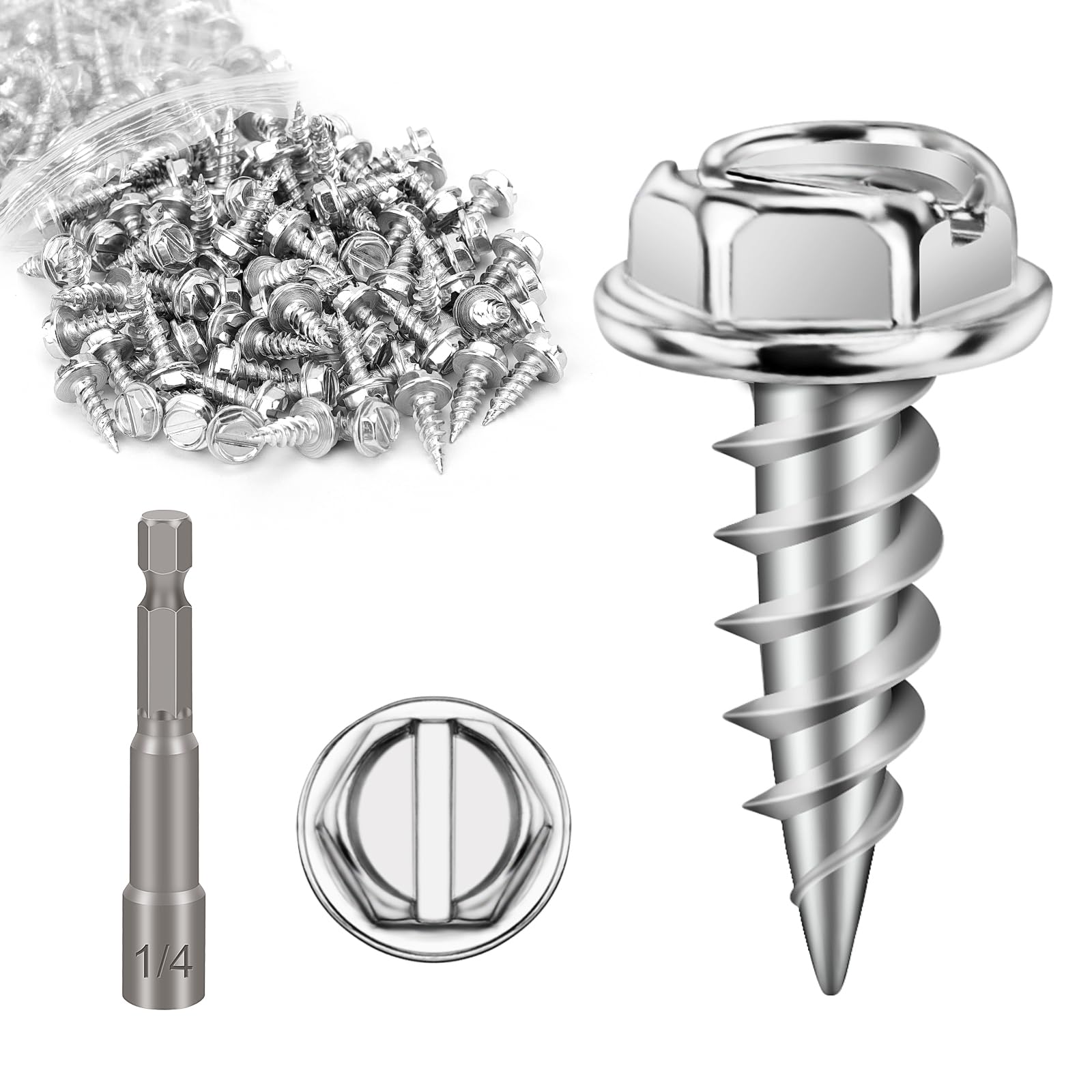 Photo 1 of 150 Pack - 1/2" #8 Stainless Steel Zip Screws – Self-Piercing with Easy Start Tip, 1/4" Hex Washer Head, Mill Finish, 1/4" Magnetic Hex Driver – for Installation
