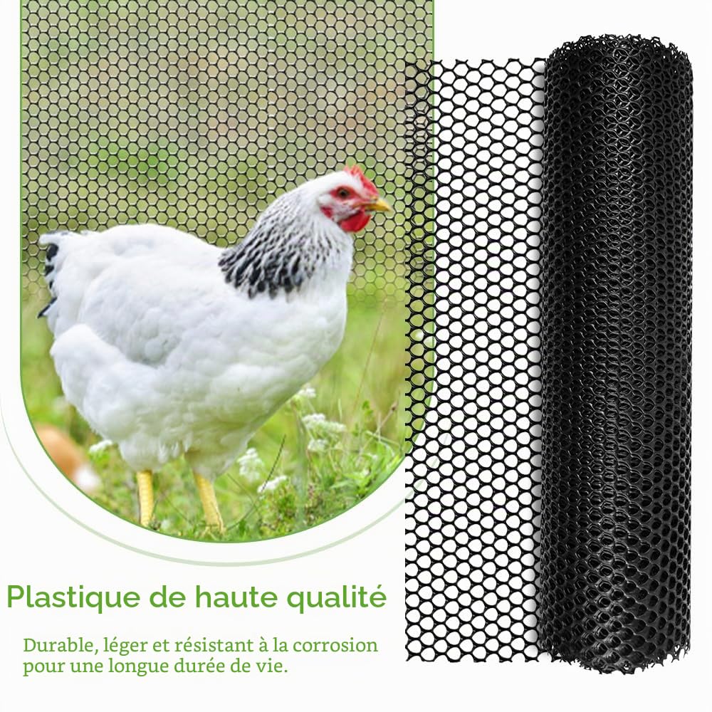 Clôture en Maille Plastique Noir, 6 m x 40 cm Grillage Plastique Petite Maille Filet de Clôture en Hexagonal Protection Balcon Chat avec 60 Serre-Câbles pour Poulailler, Chat, Balcon