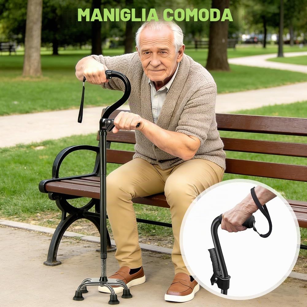 Camminatore per anziani, bastone da passeggio da donna e uomo con base a 4 punte, doppio manico regolabile, bastone da passeggio pieghevole, facile da stabile e ergonomico