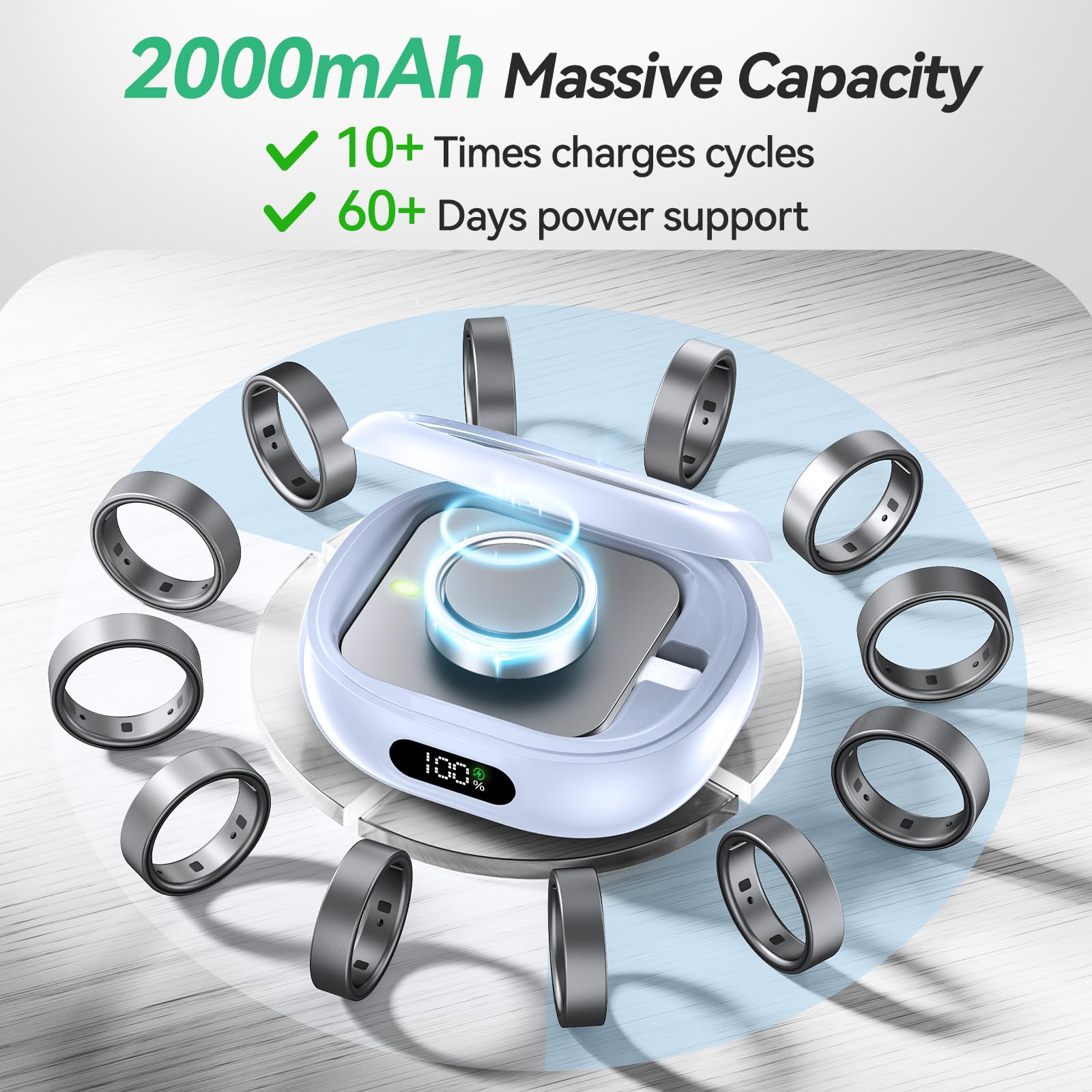 Tensea Tragbares Ladegerät, kompatibel mit Oura Ring Gen 4 & Gen 3, 2000 mAh kabellose Powerstation, universelle Passform, 30-Tage-Laufzeit-Ladegerät-Zubehör (offizielles Ladegerät nicht im
