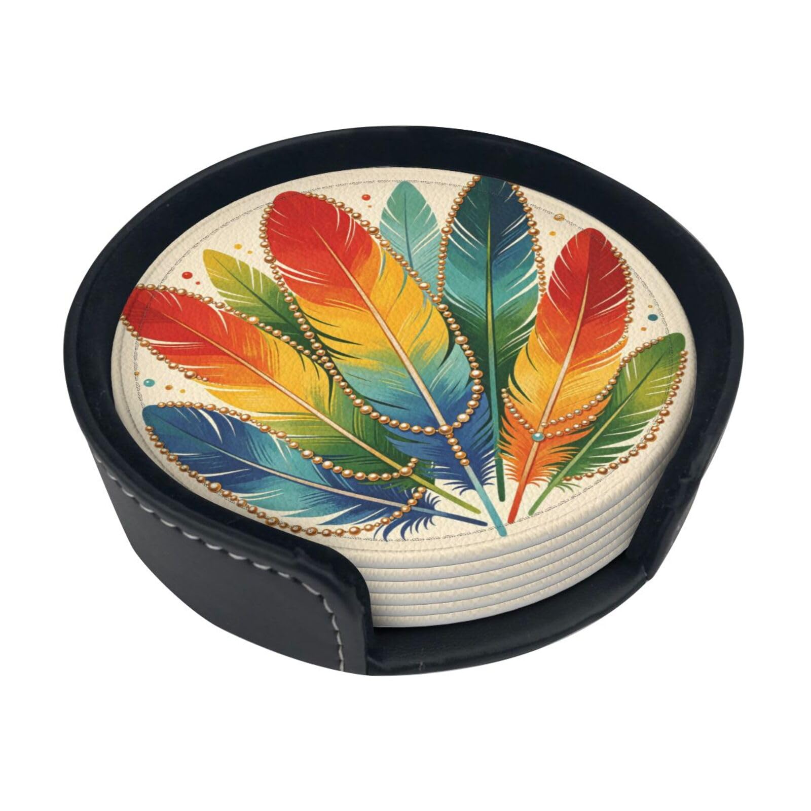 Color Feather Layer Leather Coasters-Set of 6 with Storage Holder