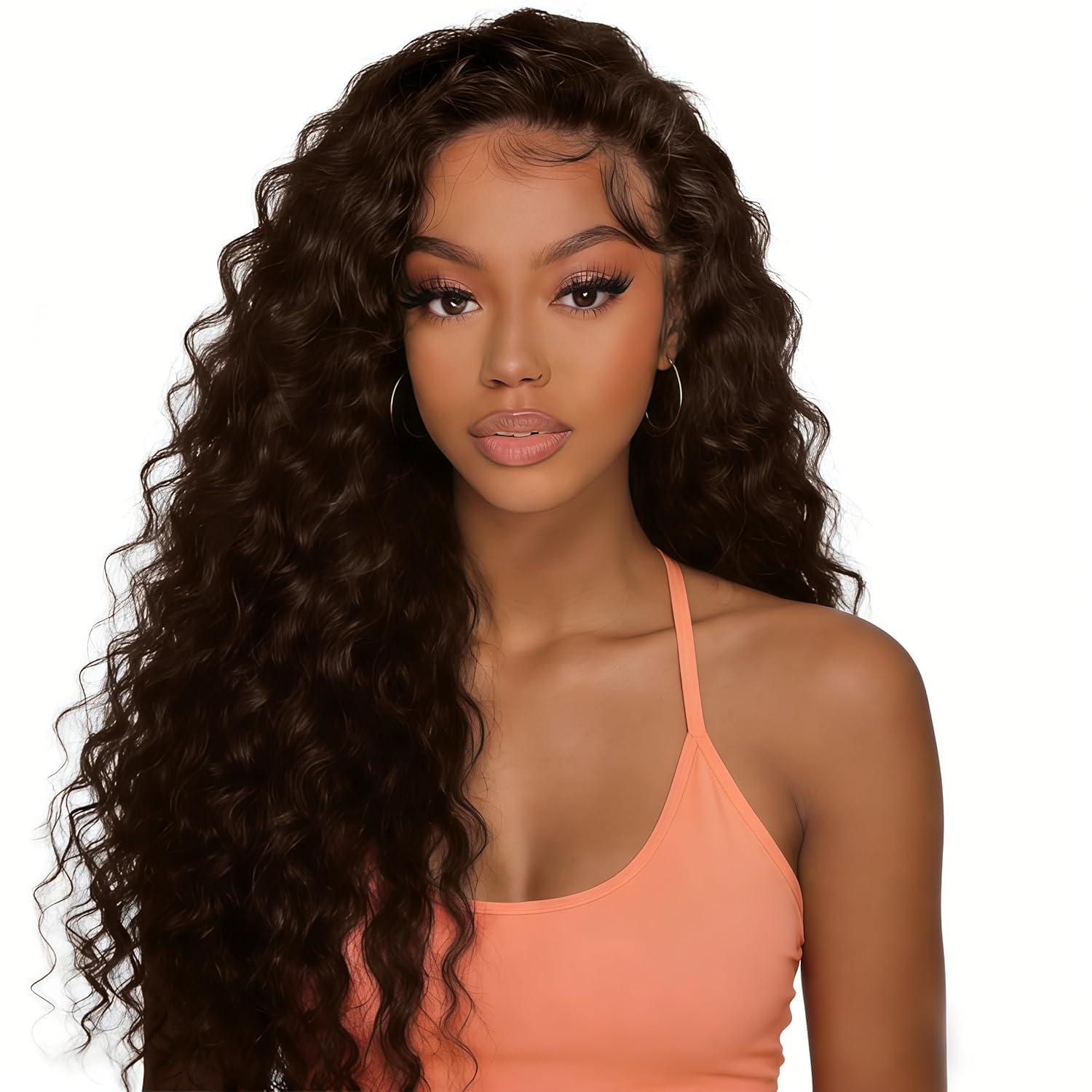 XSY Half Wig Human Hair Deep Wave Chocolate Brown Colour 4# 20 Inch