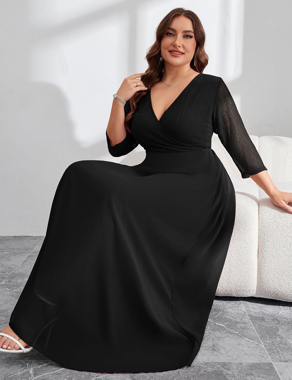 ZOMVA Plus Size Maxi Formal Dress Lace Chiffon Floral V-Neck Wrap Wedding Guest Evening Gown Cocktail Prom 3/4 Sleeves - Image 5