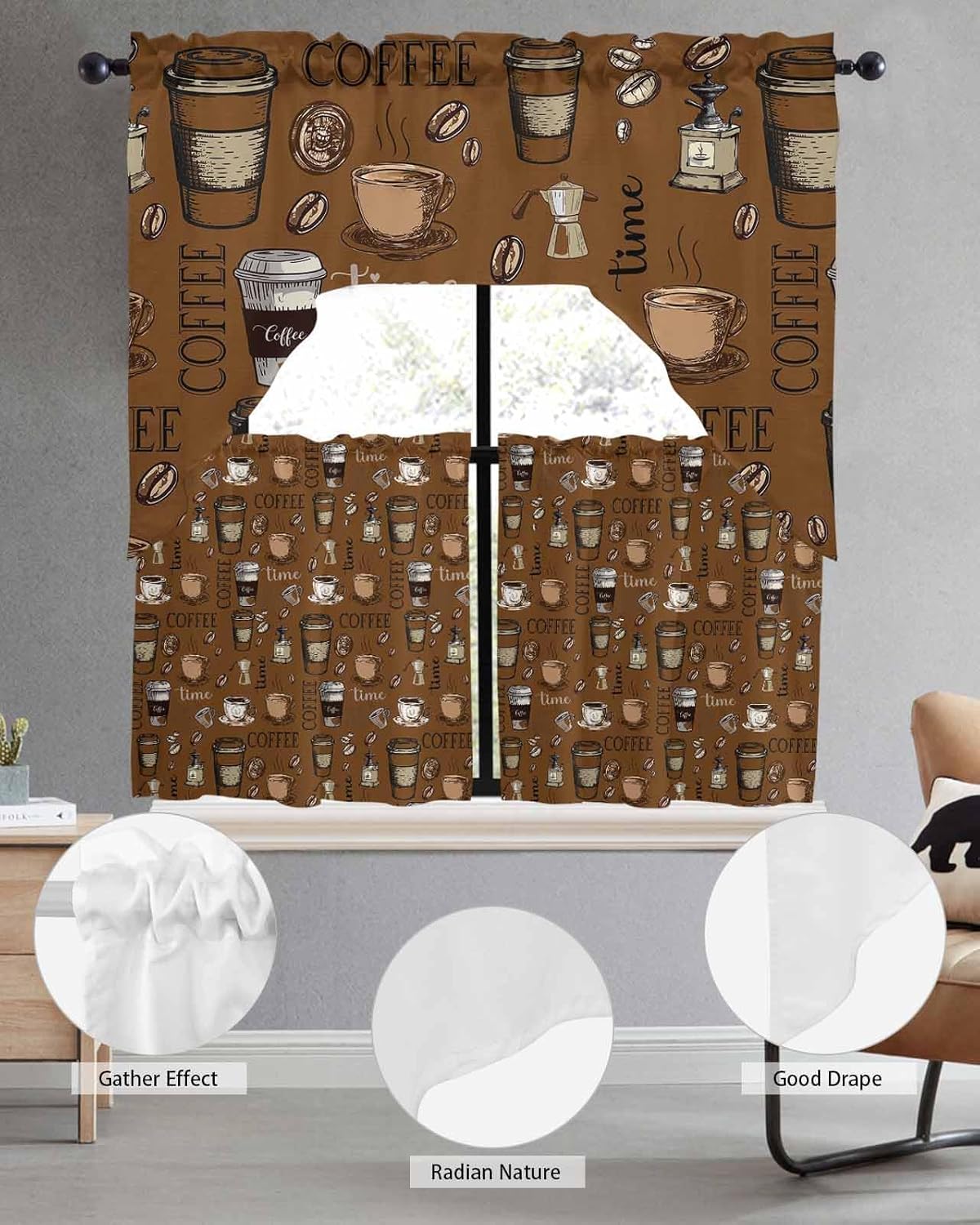 Retro Rural Coffee Cup Swag Kitchen Curtain Sets with Valance,3 Pieces Rod Pocket Curtain Drapes for Bedroom Bathroom Cafe Windows,Rustic Brown Esppresso Beans 56''x36''&24''x27.5''x2Panels