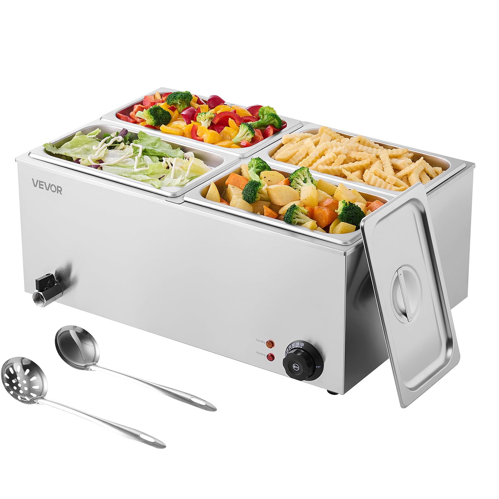 VEVOR 4-Pan Commercial Food Warmer, 15.9QT Electric Steam Table, 1200W Professional Countertop Stainless Steel Buffet Bain Marie with 86-185°F Temp Control for Catering and Restaurants, Silver