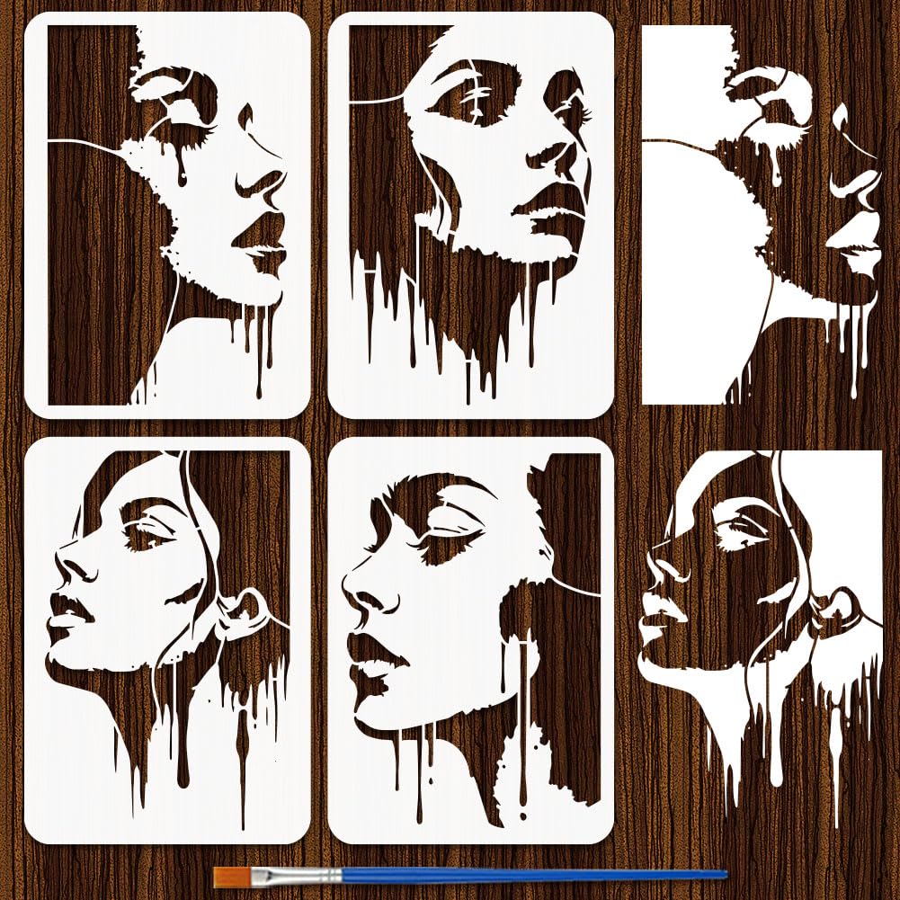 FINGERINSPIRE 4 Styles Woman Stencils 21x29.7CM Water Drop Woman Stencils Reusable PET Portrait Templates Lady Face Stencil Set with a Brush for Home Decor Furniture Wood Wall DIY Craft