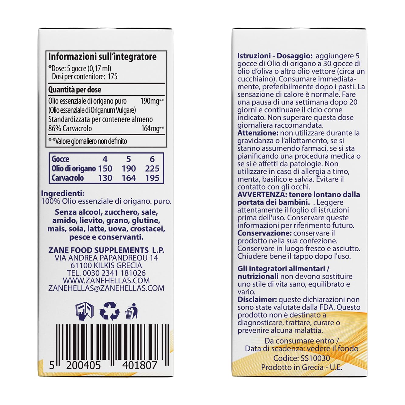 Zane 100% Olio di origano Non diluito. Olio Essenziale Greco di Origano.86% Carvacrolo Min.164mg Carvacrolo per porzione. 60 ml.