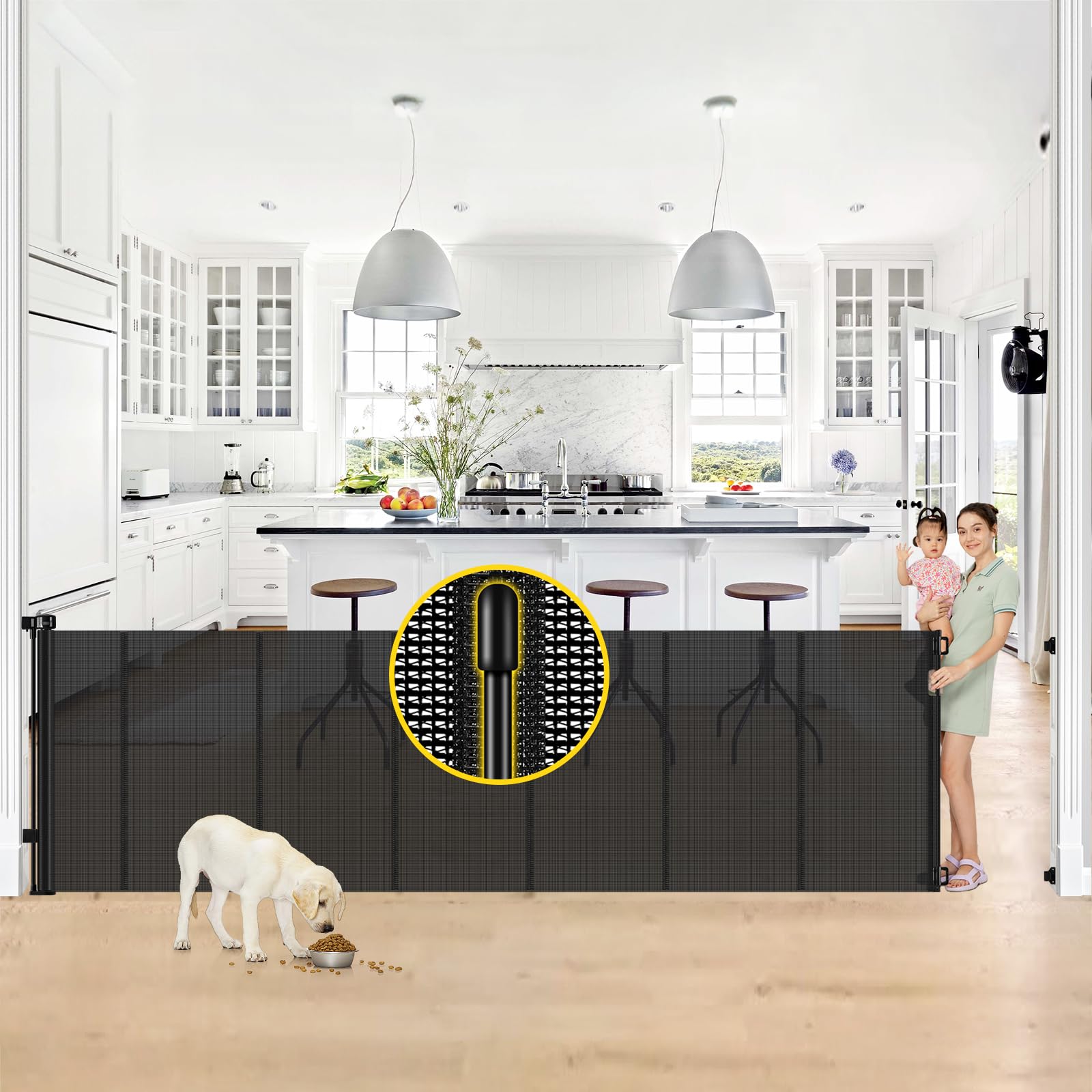 Reinforced 42” Tall x 130” Extra Wide Retractable Baby Gates Extra Tall Pet Gate for Wide Openings Long Dog gate with Rods to Prevent Crawling Through, Dog Gates for Doorways Indoor Outdoor, Black