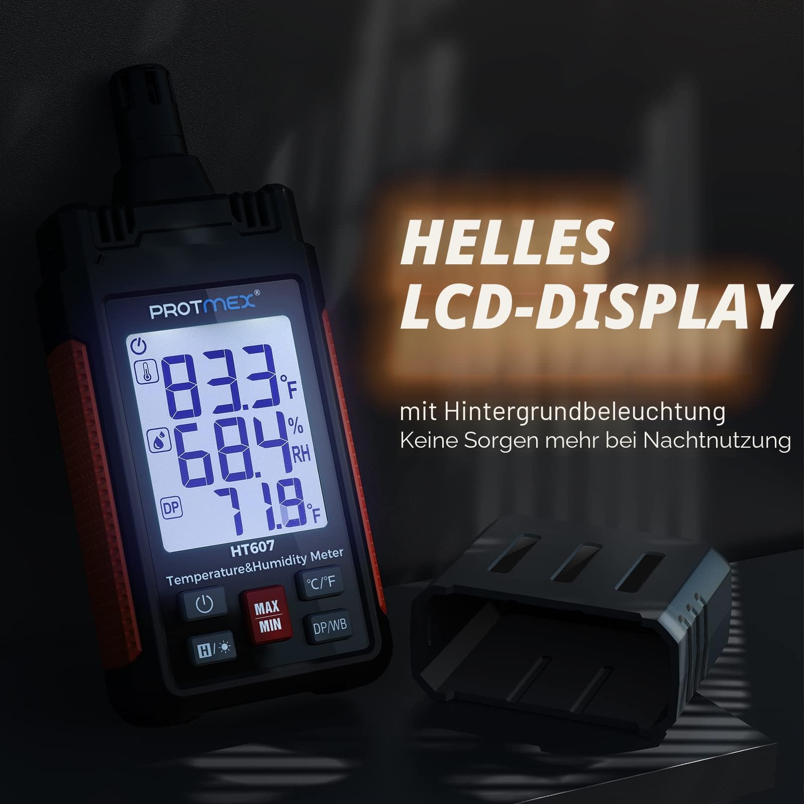 HT607 Temperatur-Feuchtigkeitsmessgerät Hochpräzisionsmessgerät mit Umgebungsluft, relativer Feuchte, Taupunkt, Feuchtkugelthermometer, Min/Max Hold, LCD-Hintergrundbeleuchtung