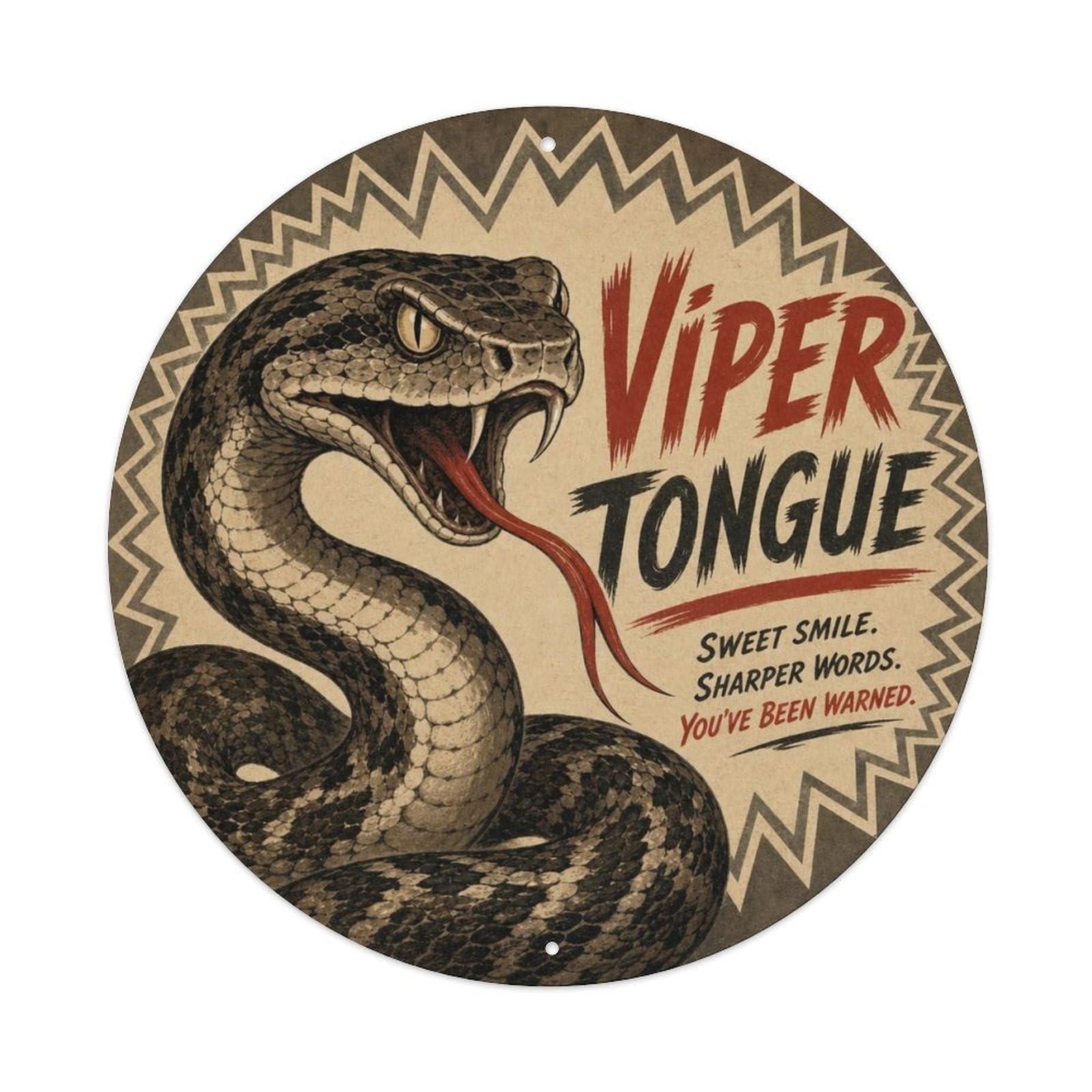 Okngb Style Viper Quirky Humor Reptile Rustic Comic Cartoon Vintage Metal Tin Sign Plaque Wall Decor For Cafe, Man Cave, Club Bar, Office, Home Garden Round Metal Poster 8X8inch