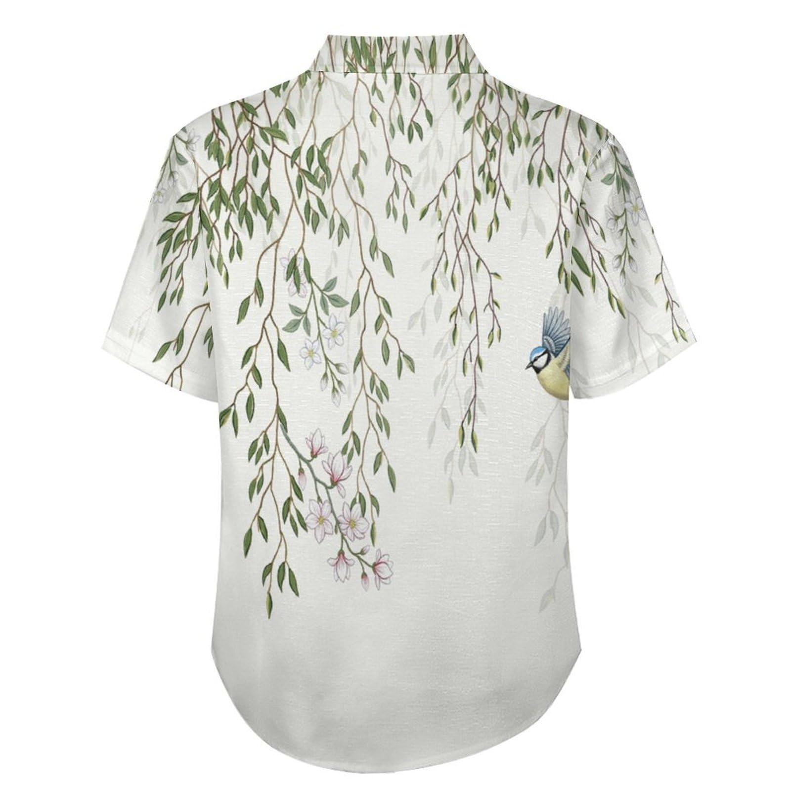 Funky Camicia Hawaiana Uomo, Manica Corta Design Aloha Camicie con Bottoni, Estiva Camicie a Uccelli su Rami di Salice Casual Stampa Spiaggia Estate Disegnato A Mano Camicia