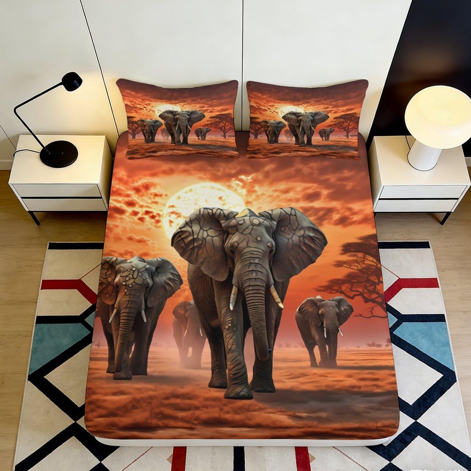 3D Printed Elephant Sunset Fitted Sheet Microfiber Soft Anti-Slip Bed Cover for Bedroom Guest Room Dorm Decor 90x200x25cm