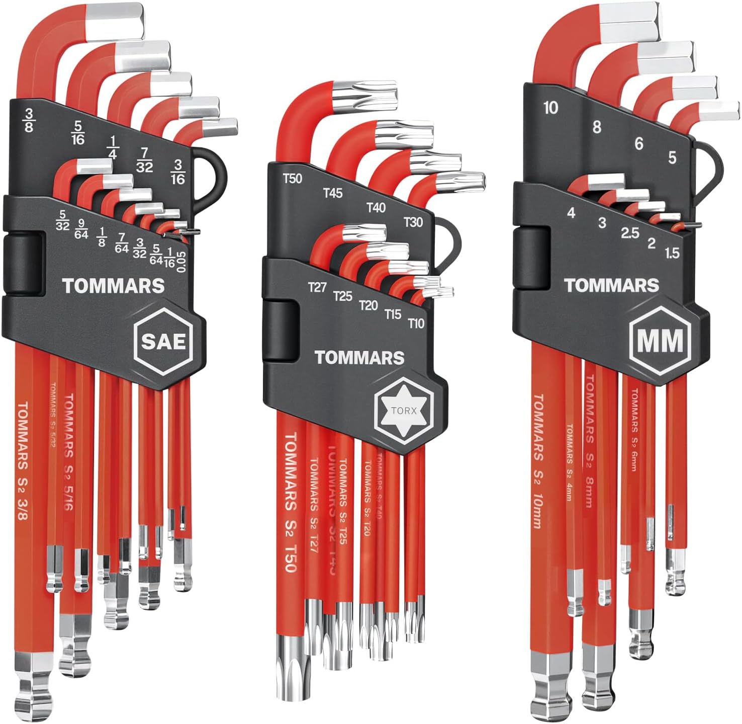 TOMMARS 31-Piece Stubby Allen Wrenches Set Ball End Hex Key Set SAE(0.05"-3/8") Metric(1.5mm-10mm) TORX(T10-T50)
