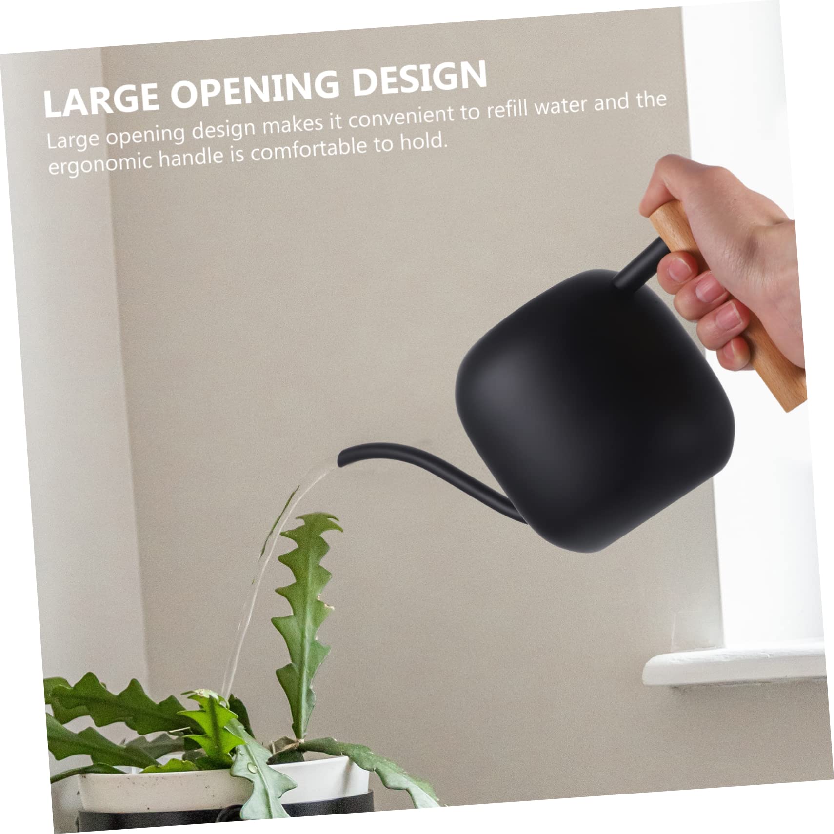 Regadera de Largo 1, 2 L de Acero Inoxidable Mango de Madera | Negro, Asa Ergonómica y Vertido sin Derrames, para Plantas y Suculentas en Casa o Jardín