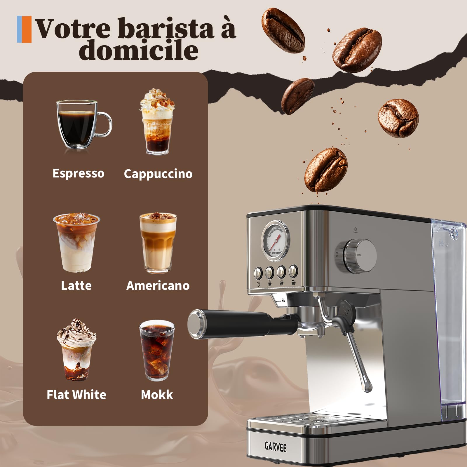 GarveeTech Machine à expresso 20 bar, 1200 W, avec système de chauffage rapide Thermoblock et mousseur à lait, en acier inoxydable, avec réservoir d'eau de 1,7 l, pour petite cuisine, cadeau de Noël