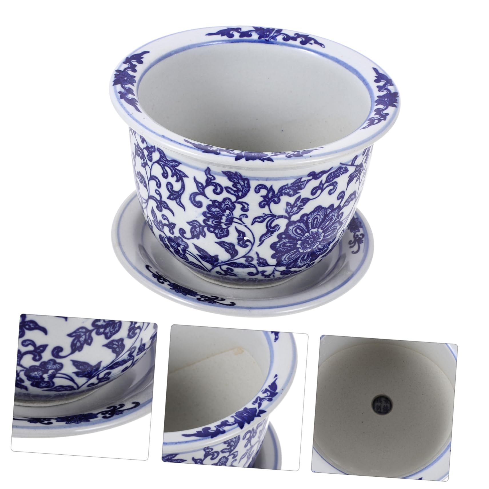 Vaso per Piante in Ceramica con Piattino, Vaso Decorativo Stile Cinese Blu e Bianco, per Balcone e Camera da Letto, Set per Fiori ed Erbe