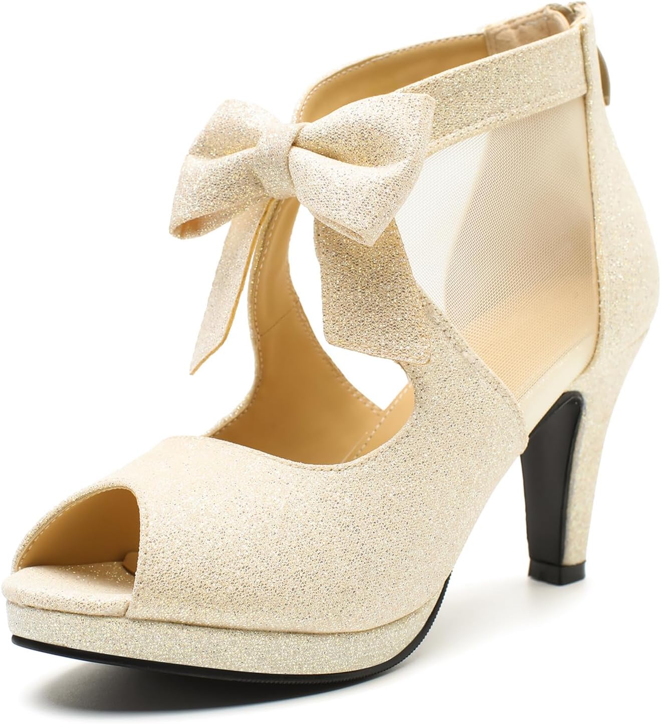 Women's Peep Toe Platform High Heel with Bow Pumps Cutout Mesh Chunky Heel Dress Sandals, Back Zipper, Party Wedding Shoes
