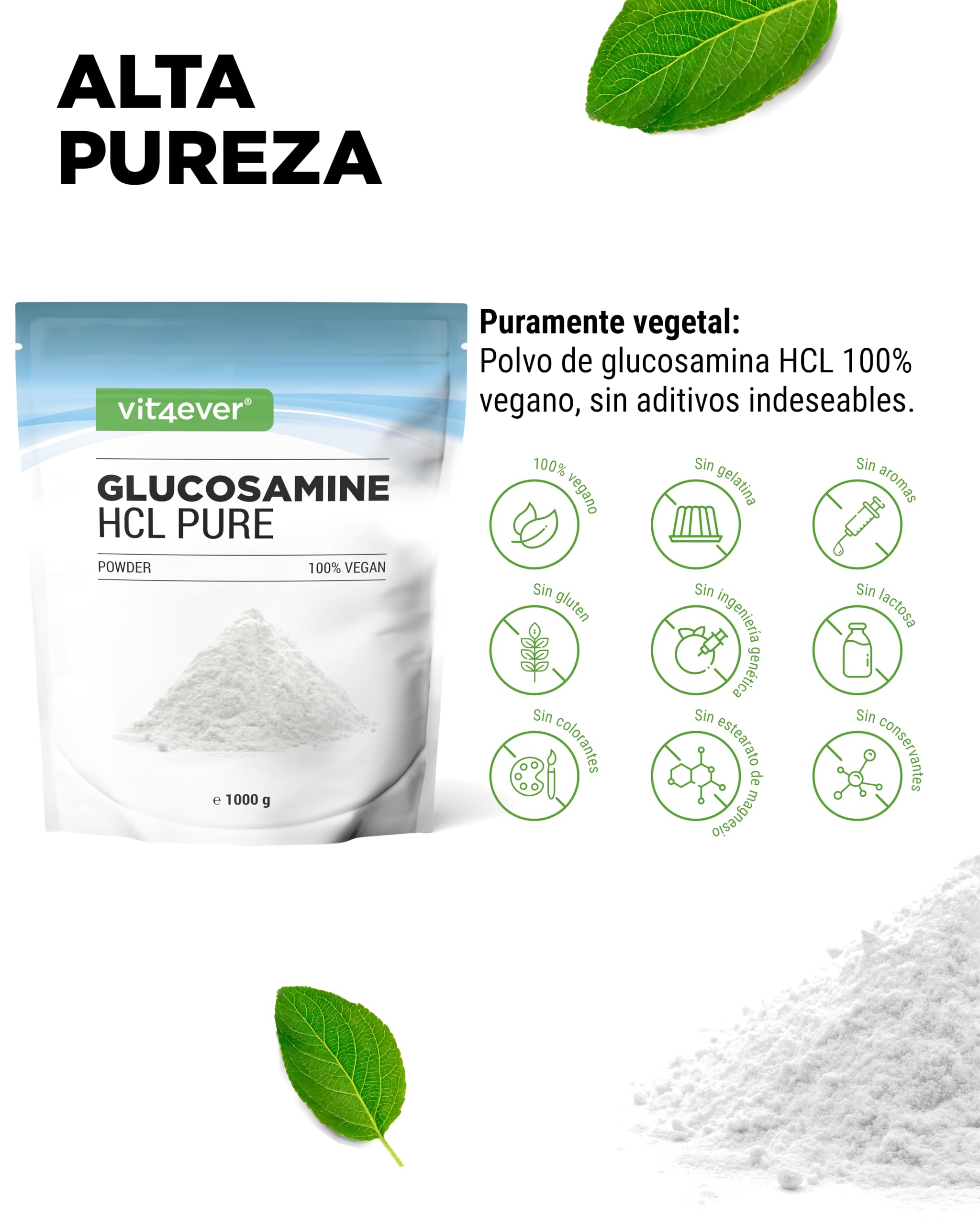 Glucosamina HCL Pura - 1000 g (1 kg) de polvo puro sin aditivos - De fermentación vegetal - Vegano - Altamente dosificado