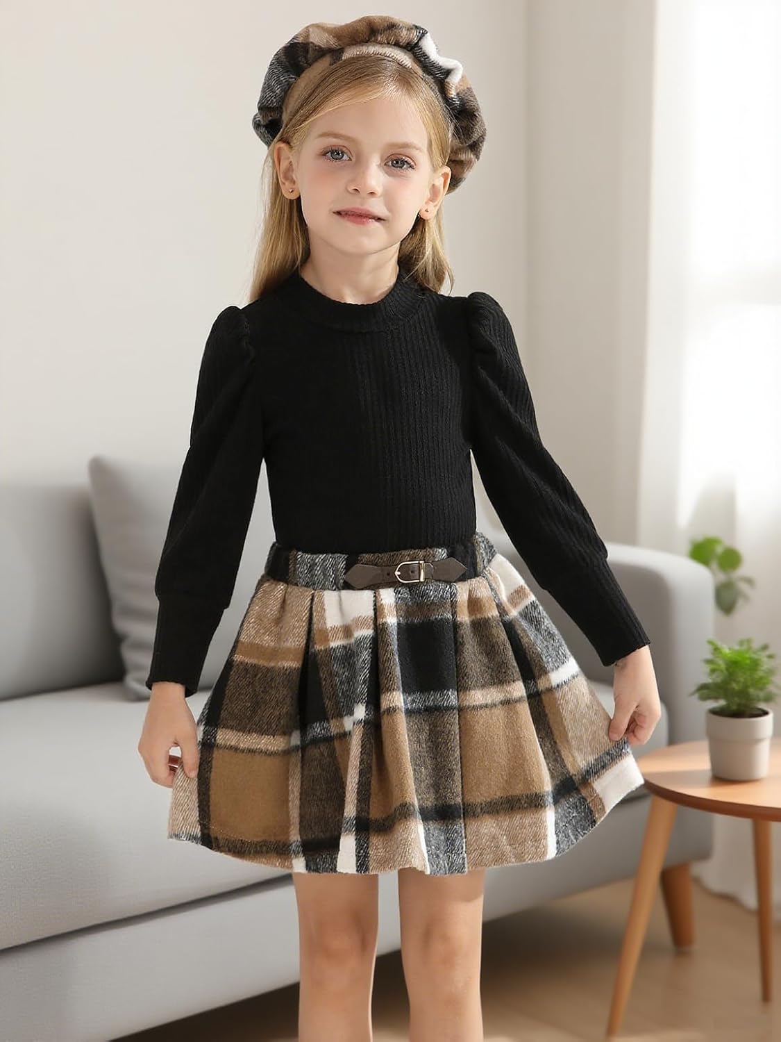 Patgoal Toddler Girl Outfits Puff Sleeve Ribbed Shirt Knitted Tops Pleated Plaid Skirt Set with Hat 3Pcs Fall Winter Clothes - Image 2