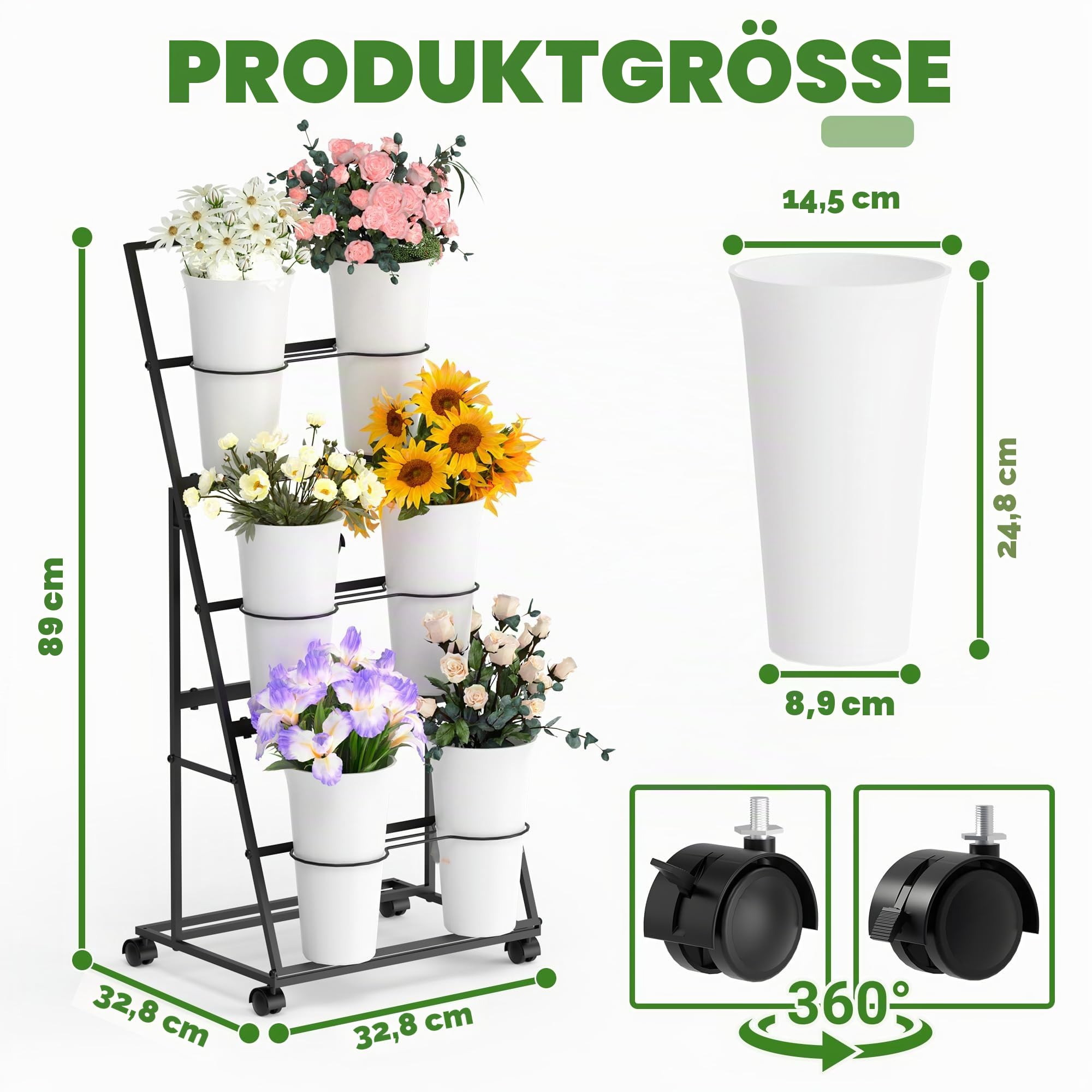 Alyoen Blumenständer mit Rollen und Eimern, 3 Etagen Blumenständer aus Metall mit 6 Eimern, Mobiler Pflanzenständer für Innen- und Außenbereiche, Hochzeiten, Blumenläden, Garten (Schwarz)
