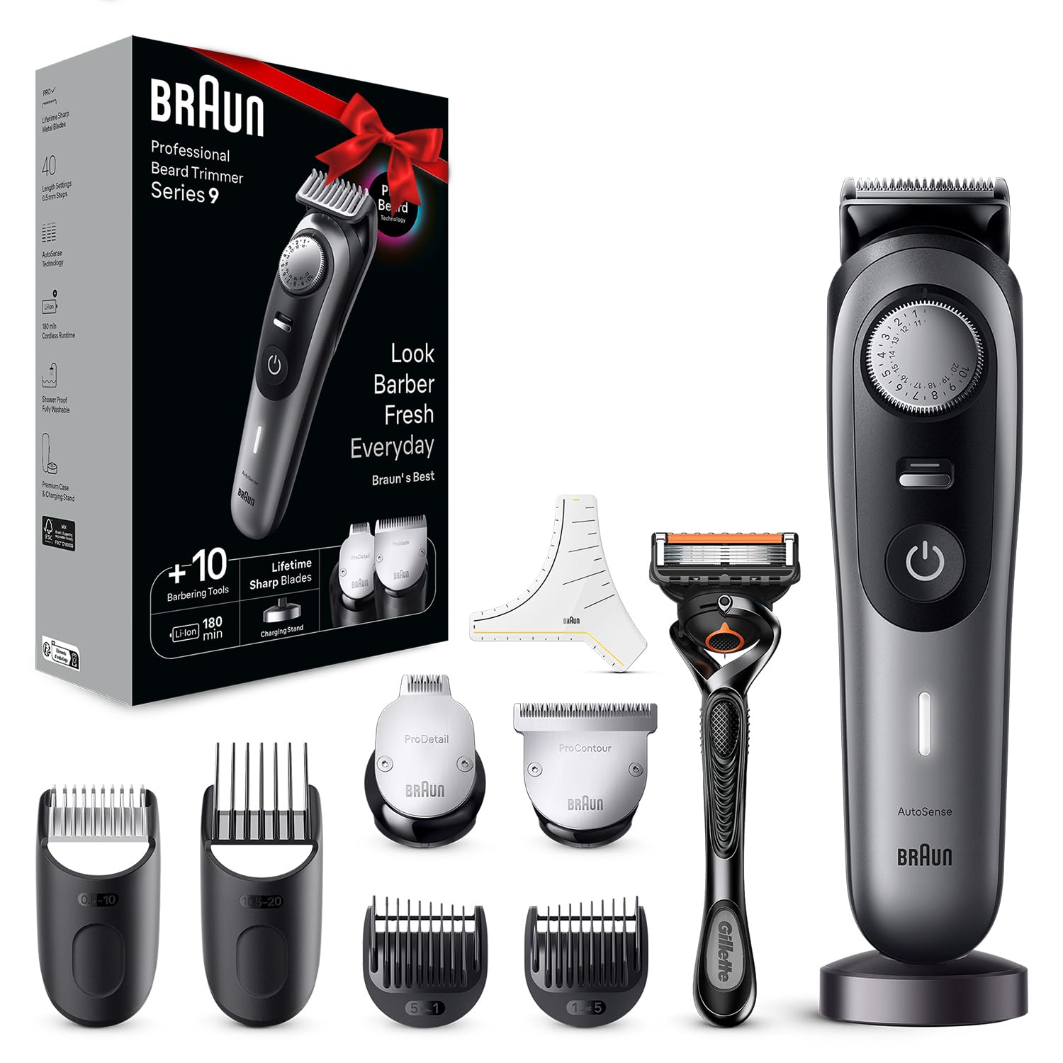 BraunBT9420 Series 9 Electric Beard Trimmer for Men with 10 Barber Tools, Ultra Sharp ProBlade Blade, 180 Min Battery Life, Wireless Beard Shaver, 40 Lengths, Waterproof, Grey