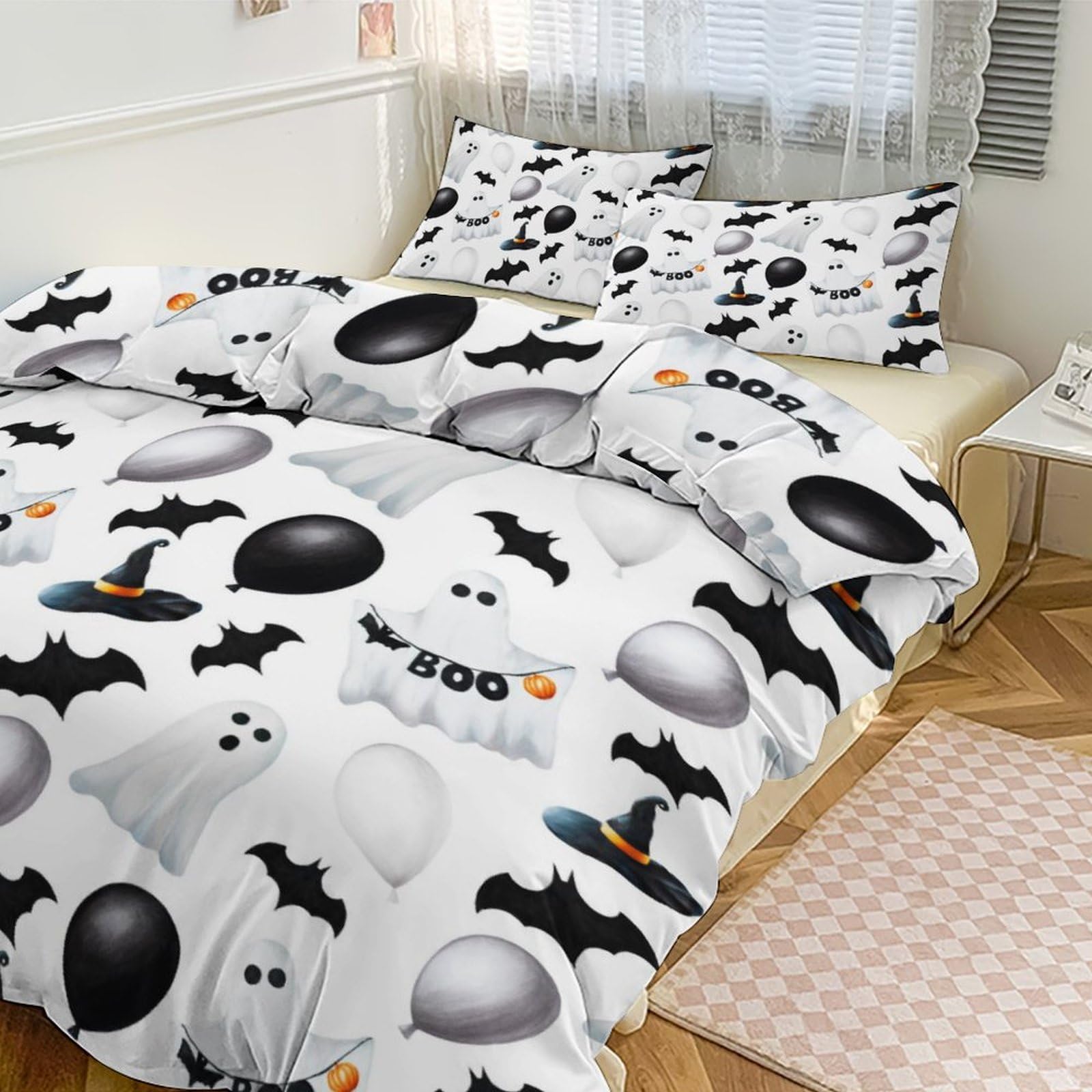 Custom Halloween Balloon Ghost Skull Duvet Cover with Name, Cute Spooky Personalized Bedding Set Witch Hat Spider Webs Pumpkin Bat Customized Duvet Cover Set Trick Or Treat Comforter Cover Set 3 Piece